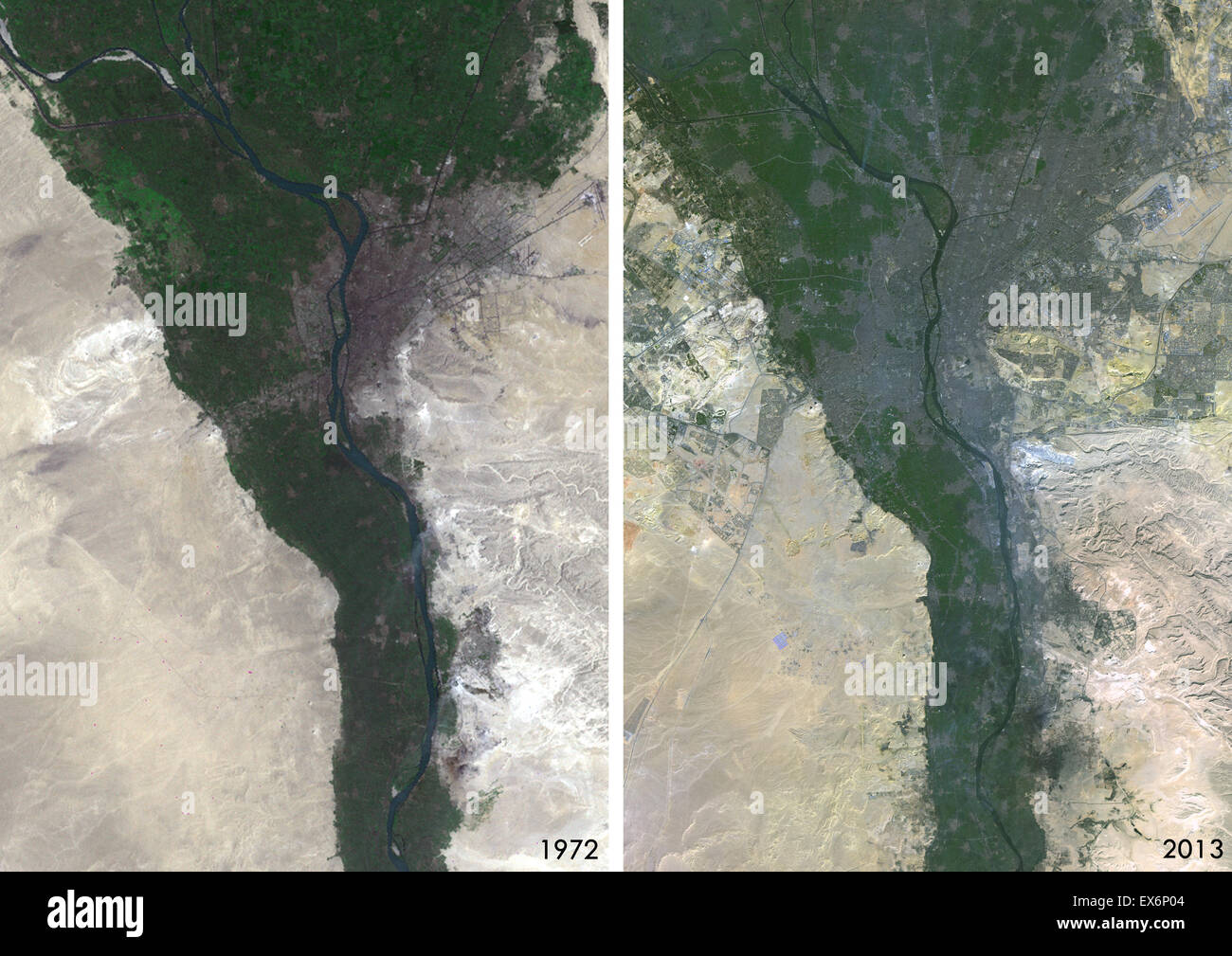 Vista satellitare del Cairo, Egitto nel 1972 e 2013. Questa prima e dopo l'immagine mostra l'espansione urbana nel corso degli anni. Foto Stock