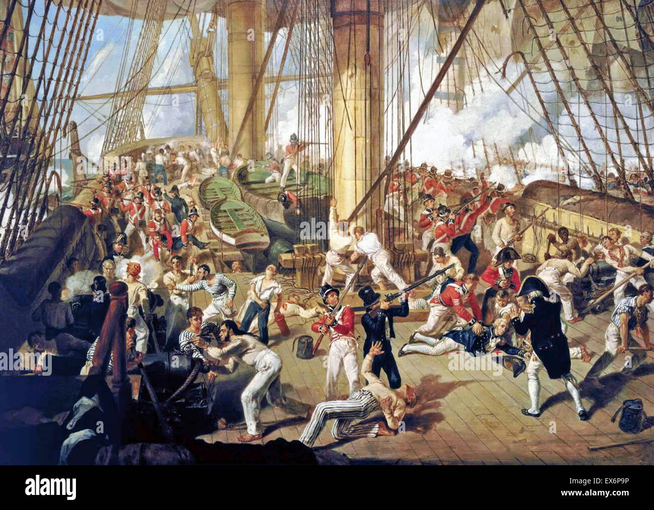 La caduta di Nelson, Battaglia di Trafalgar, 21 ottobre 1805. Il dipinto raffigura la lesione mortale dell'Ammiraglio Nelson sulla "Vittoria" da Denis Dighton (1792 - 8 agosto 1827) è stato un pittore inglese, meglio conosciuta per i suoi ritratti di militari e scene di battaglia Foto Stock