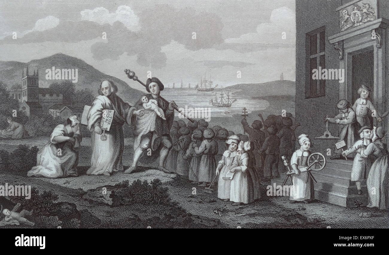 Incisione di artista britannico & incisore, William Hogarth 1697-1764: la Foundlings (orfani) 1761 Foto Stock