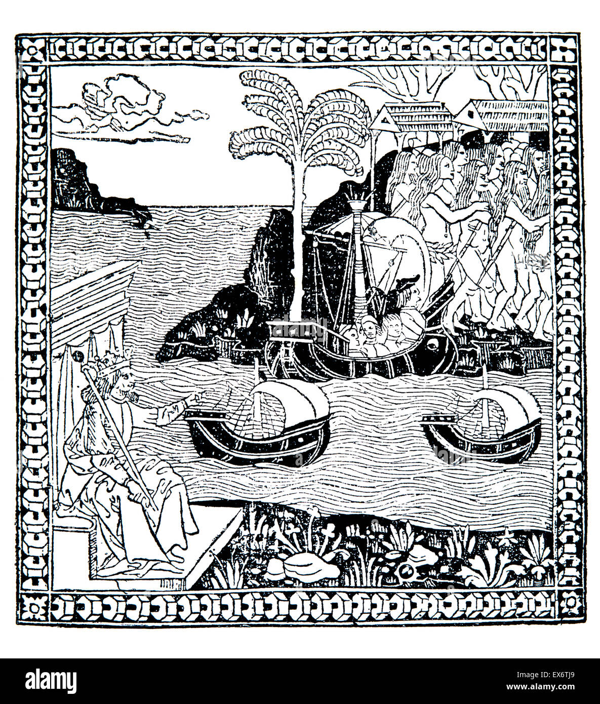 La scoperta della Indes, 1493, xilografia Scuola Italiana illustrazione di Columbus' voyage Foto Stock