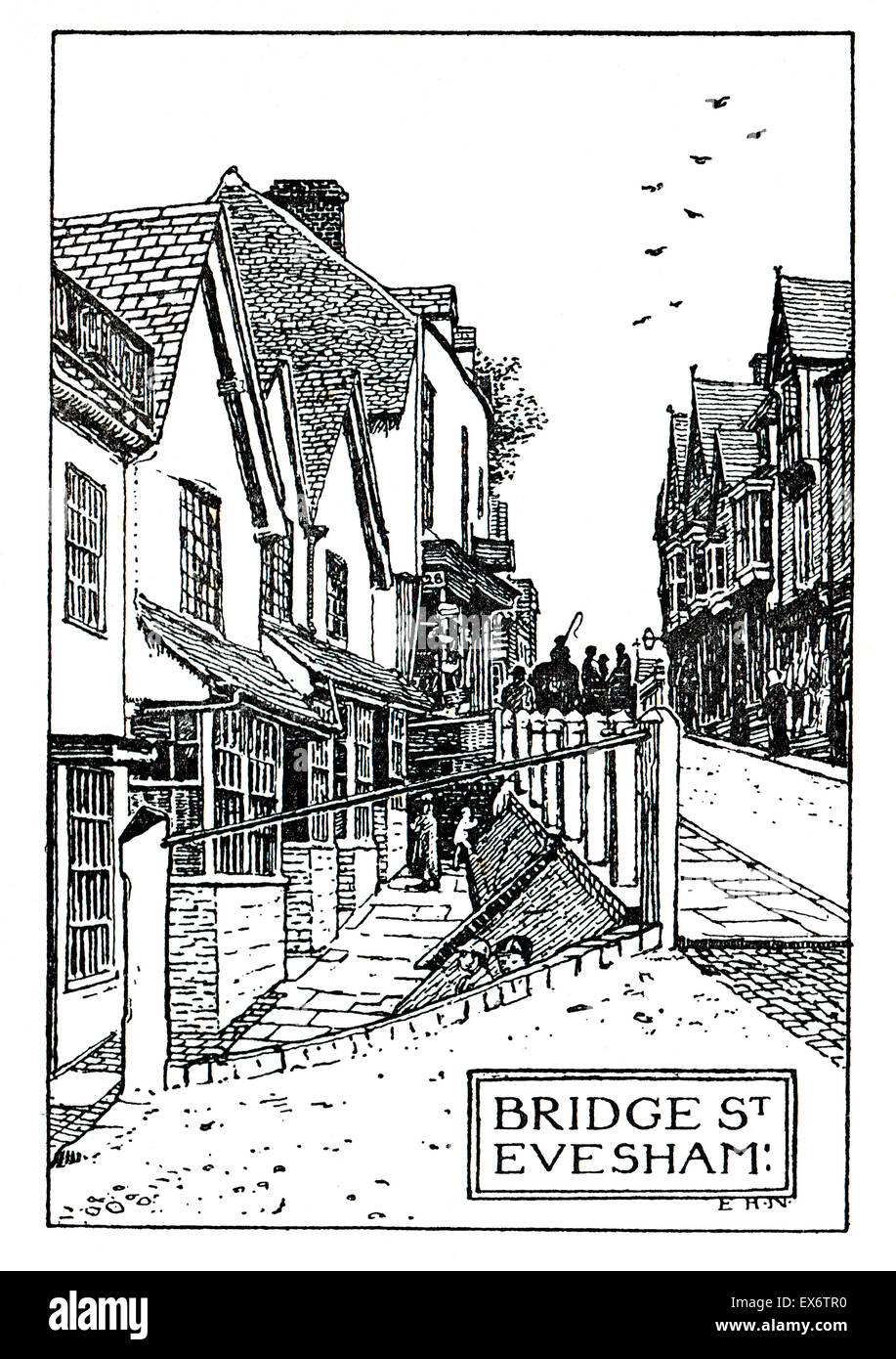Bridge Street Evesham, tardo vittoriana di disegno di illustrator Edmund Hort nuovo Foto Stock