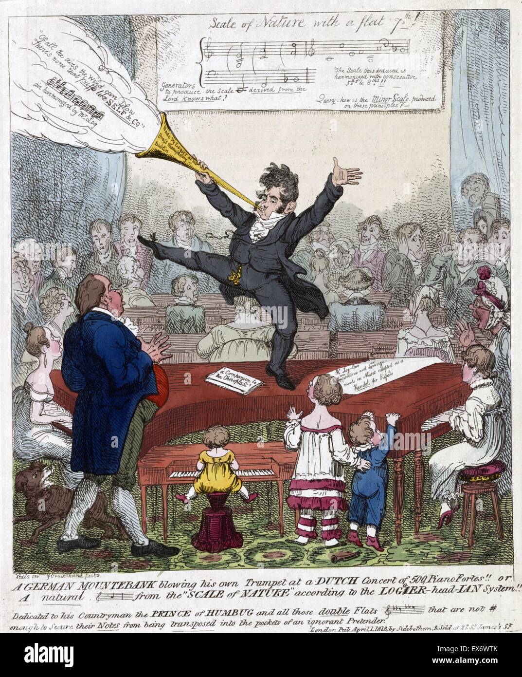 Il tedesco mountebank soffiando la sua tromba ad un concerto Olandese di 500 pianoforte fortes. "Logier, la musica-master è in grado di fornire una delle sue lezioni musicali con dimostrazioni dai suoi alunni…' artista, George Cruikshank (1792-1878), 1818. Foto Stock