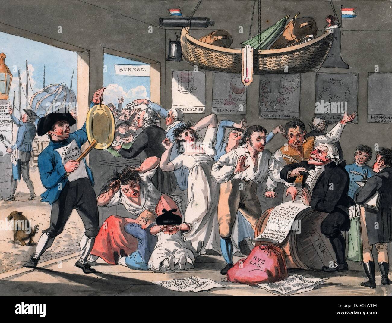 Cartoon olandese previsioni eventi aeronautici per l'anno 1804 da mostrare alla gente in hysterics, eventualmente su un palloncino imminente ascensione da 'Willie van de Heeren Hopmen & Loude'. , Paesi Bassi 1794. Foto Stock