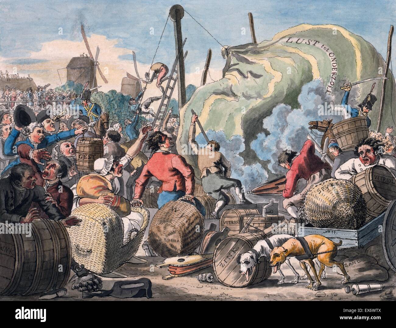 Cartoon olandese previsioni eventi aeronautici per l'anno 1804 da mostrare alla gente in hysterics, eventualmente su un palloncino imminente ascensione da 'Willie van de Heeren Hopmen & Loude'. , Paesi Bassi 1794. Foto Stock