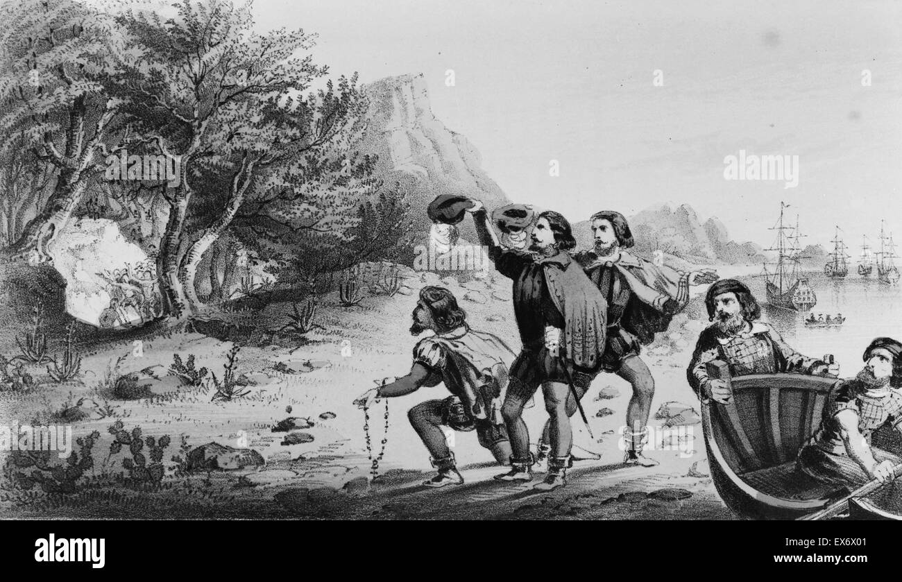 Stampa litografia di Amerigo Vespucci (1454-1512) un italiano di explorer, finanziere, navigatore e cartografo, e altri nativi di saluto al momento dello sbarco nelle Americhe. Da Frank Henry Temple Bellew (18 Aprile 1828 - 29 giugno 1888), artista americano illustra Foto Stock