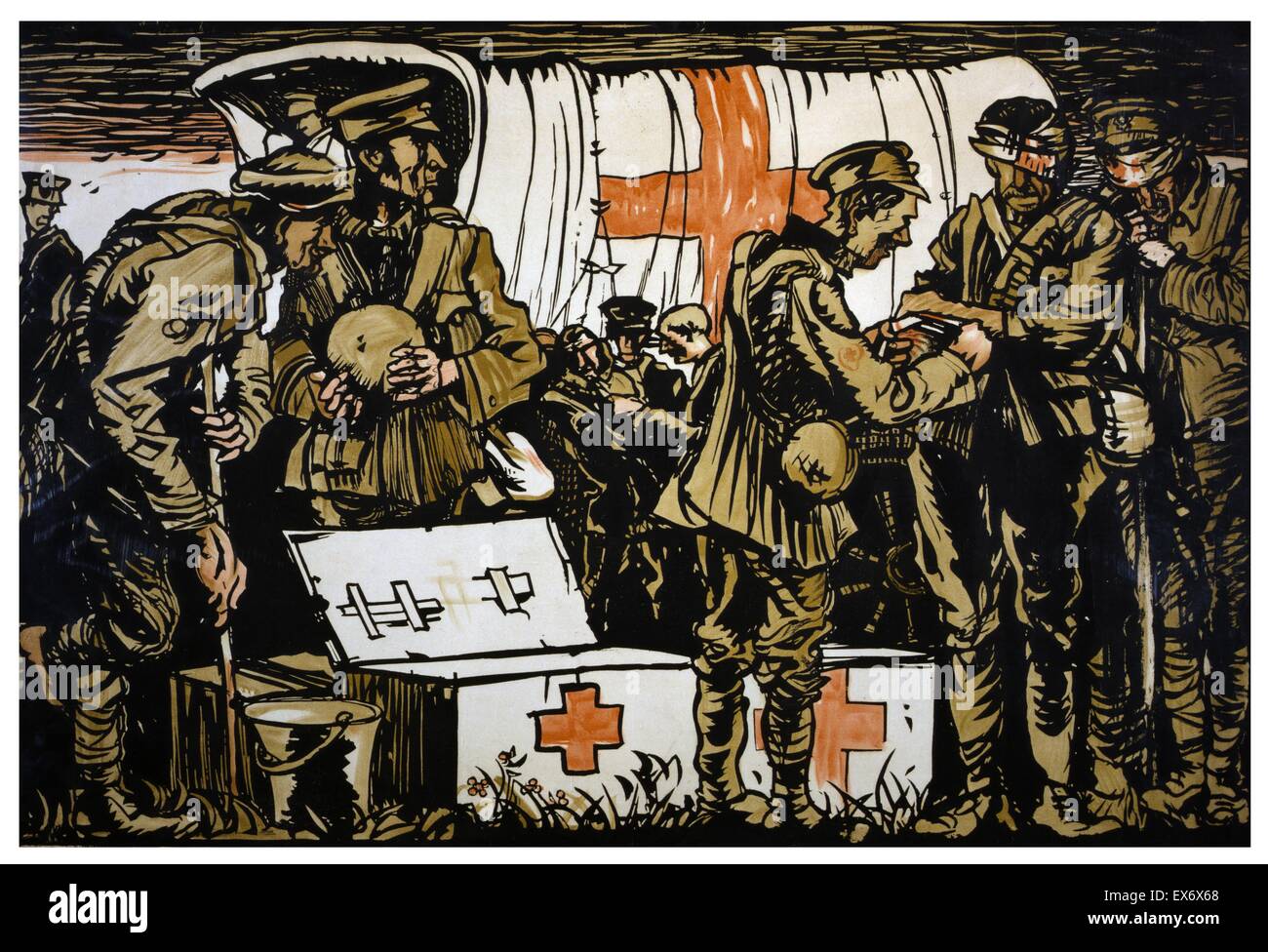 La Croce Rossa. I soldati ricevono cure mediche. Poster raffigurante un affollato di scena a una croce rossa carrello, con soldati utilizzando le forniture provenienti da caselle contrassegnate con la croce rossa simbolo. 1915. Foto Stock