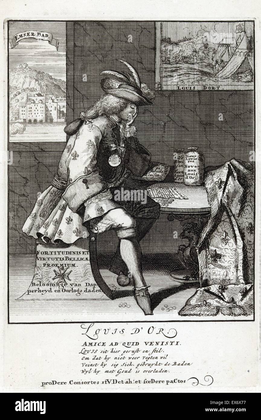 Stampa mostra Louis XIV seduta al tavolo, in appoggio sul suo gomito sinistro. 1705 Foto Stock