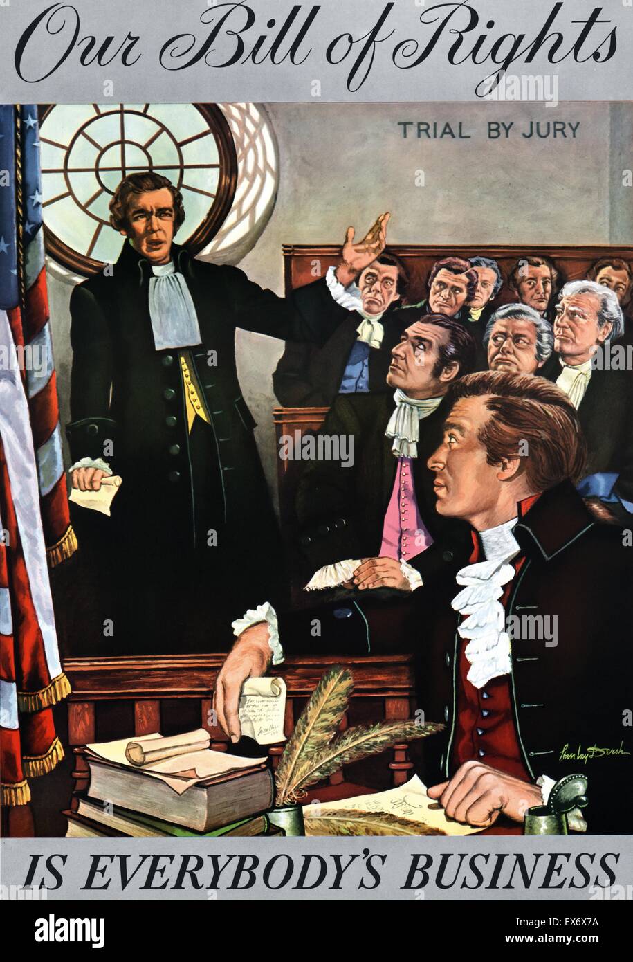 La nostra Carta dei diritti è interesse di tutti. Stampa mostra un inizio di American courtroom scena etichettato 'giudizio dalla giuria' con un uomo,ossibly una giuria caposquadra, in piedi accanto alla casella della giuria, presentando una dichiarazione; un altro uomo si siede in primo piano a una scrivania su wh Foto Stock La nostra Carta dei diritti è interesse di tutti. Stampa mostra un inizio di American courtroom scena etichettato 'giudizio dalla giuria' con un uomo,ossibly una giuria caposquadra, in piedi accanto alla casella della giuria, presentando una dichiarazione; un altro uomo si siede in primo piano a una scrivania su wh Foto Stock