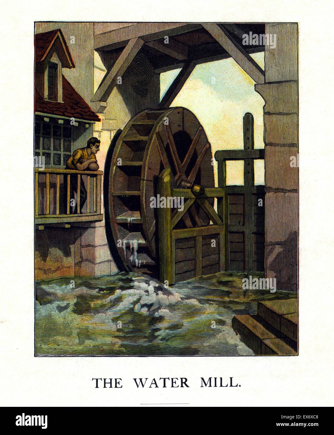 Un Americano di illustrazione di un uomo guardando un waterwheel zangolatura acqua mediante un mulino 1870 Foto Stock