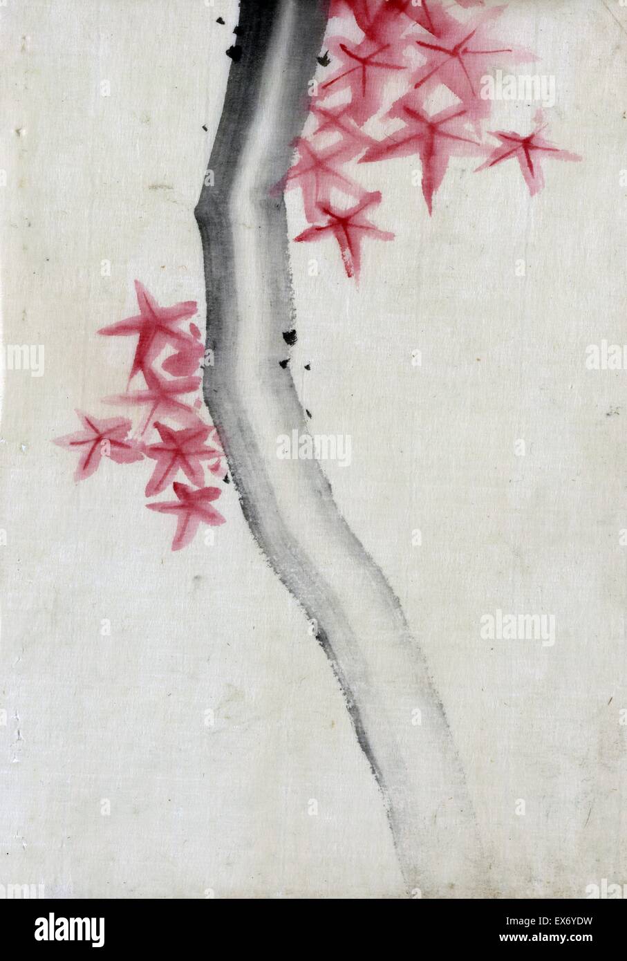 Unidentified, eventualmente un ramo di albero con stella rossa a forma di foglie o fiori. Katsushika Hokusai (1760-1849). 1 disegno su sottile di carta fatta a mano: lavaggio inchiostro, colore. Giapponese Foto Stock
