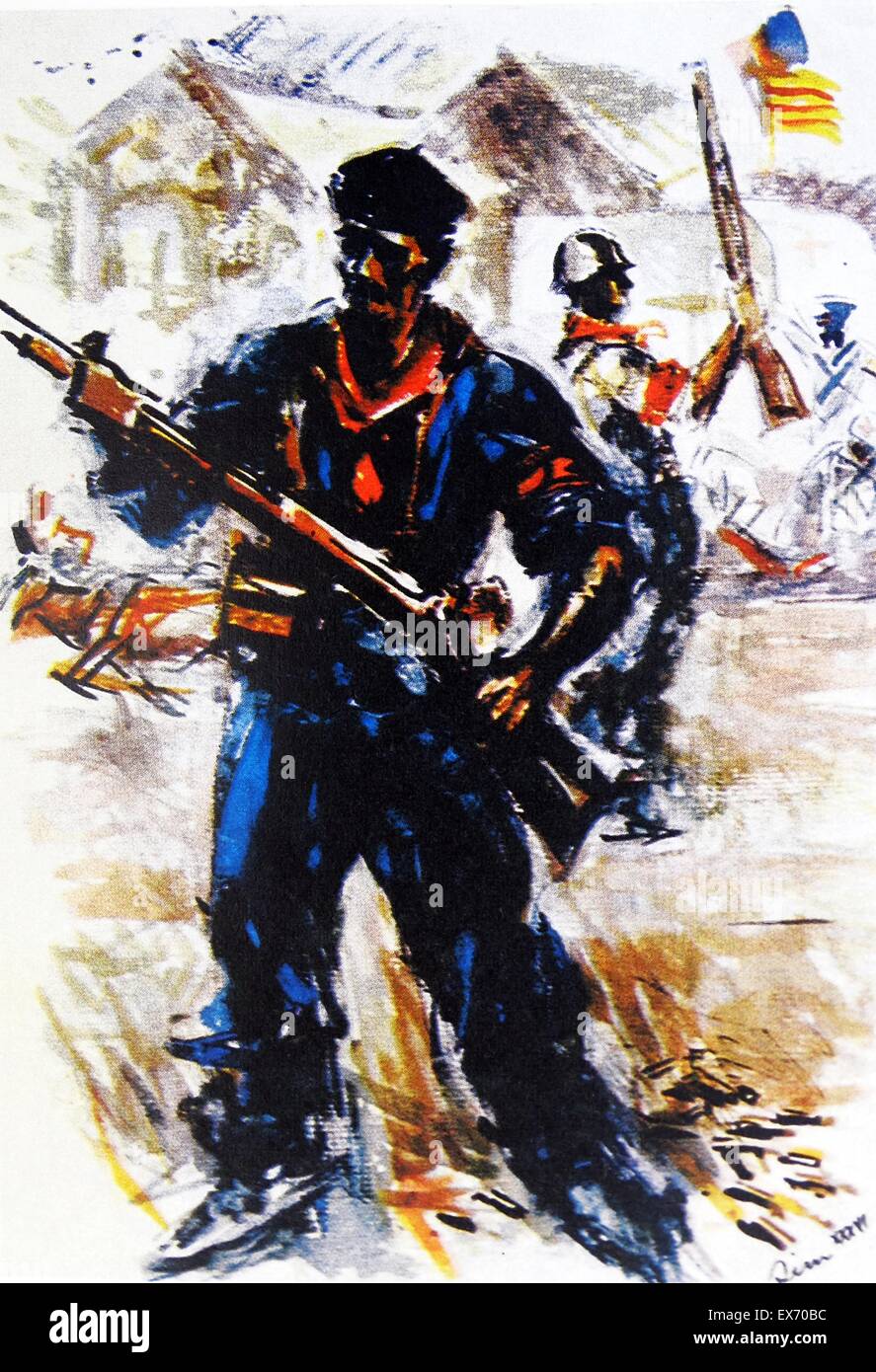 Una bandiera catalana vola dietro una milizia comunista fighter a Barcellona durante la guerra civile spagnola Foto Stock