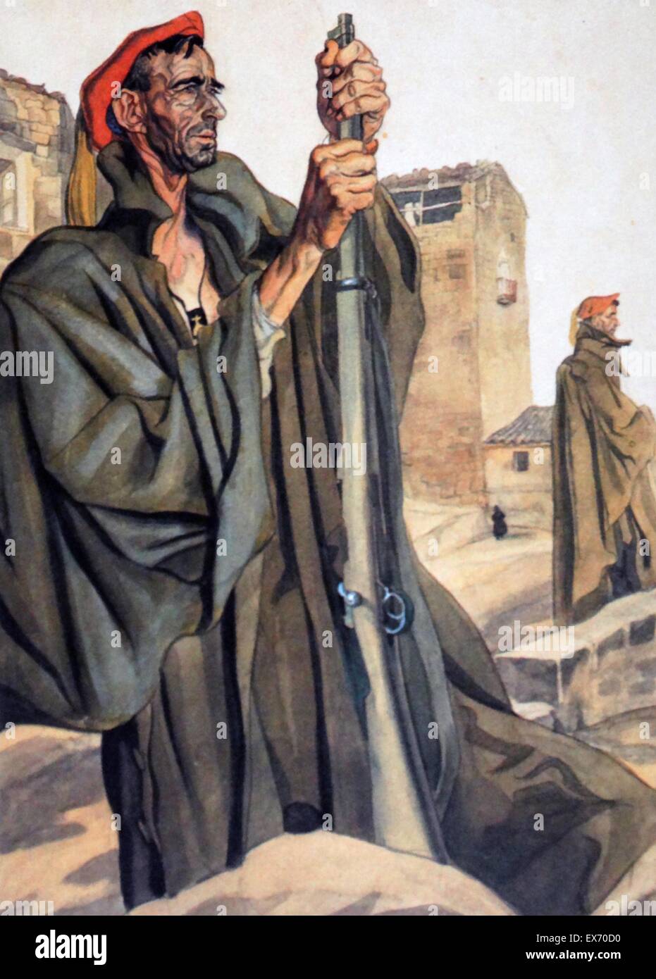 La propaganda carlista illustrazione dei carlisti soldati di guardia. Carlismo è un movimento politico in Spagna cercando la creazione di una linea separata della dinastia dei Borbone sul trono spagnolo. Dopo l'Ottobre 1934 Rivoluzione, che il costo della vita Foto Stock