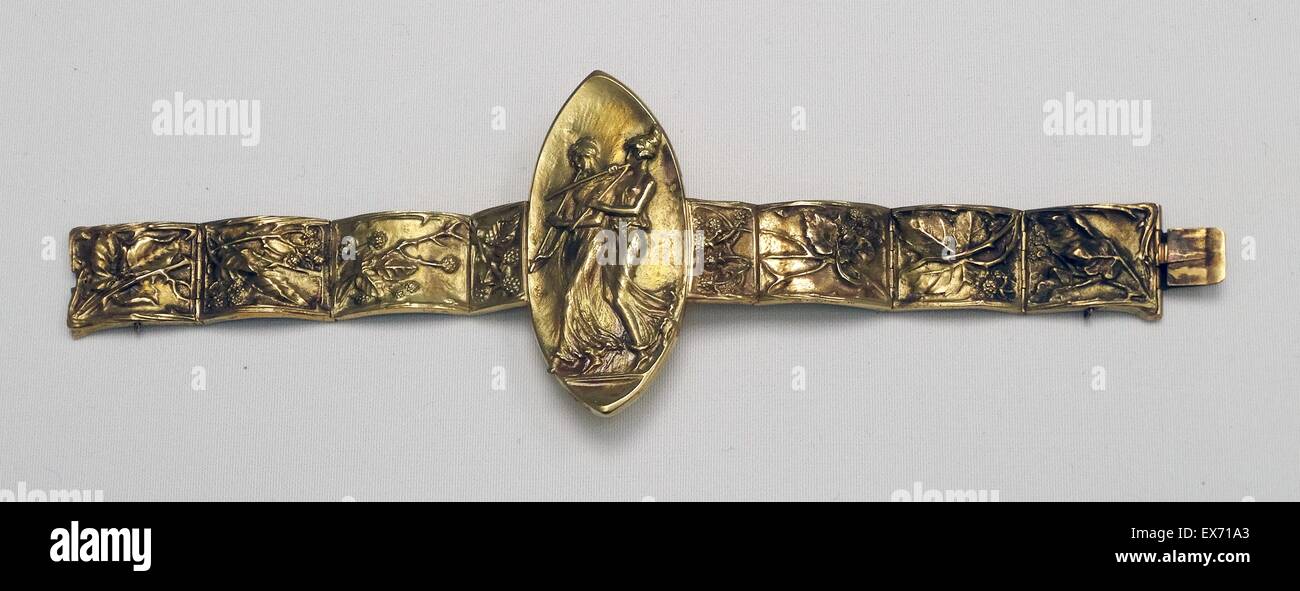 Art Nouveau della placca di girocollo, del Platano chiavi, in corno intagliato impostato con opali. progettato da René Lalique (1860-1945) francese, Parigi, circa 1900 Foto Stock