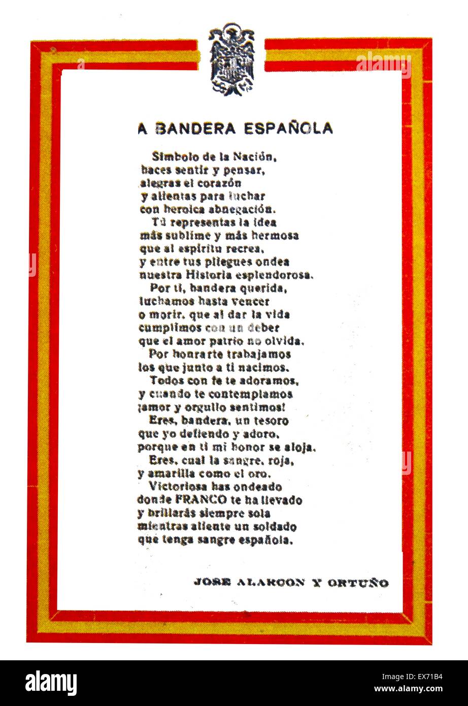 Guerra civile spagnola, nazionalista propaganda cartolina patriottica con un confine che rappresenta la bandiera spagnola e una poesia di Jose Alarcon Ortuno Foto Stock