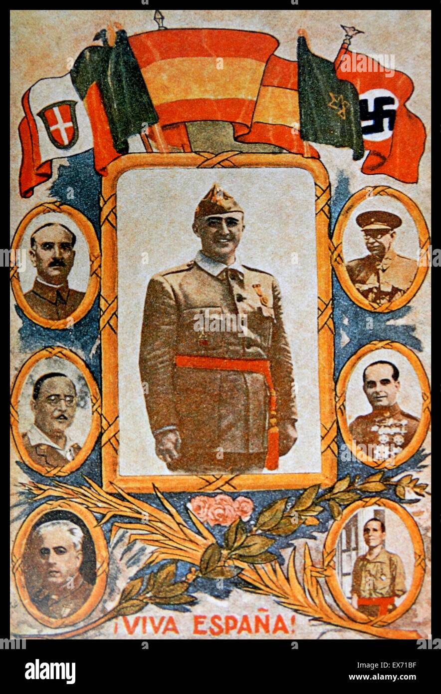 1936 cartolina di Francisco Franco 1892-1975. Leader nazionalista di Spagna 1936-1975, circondato dal leader nazionalista generali Foto Stock