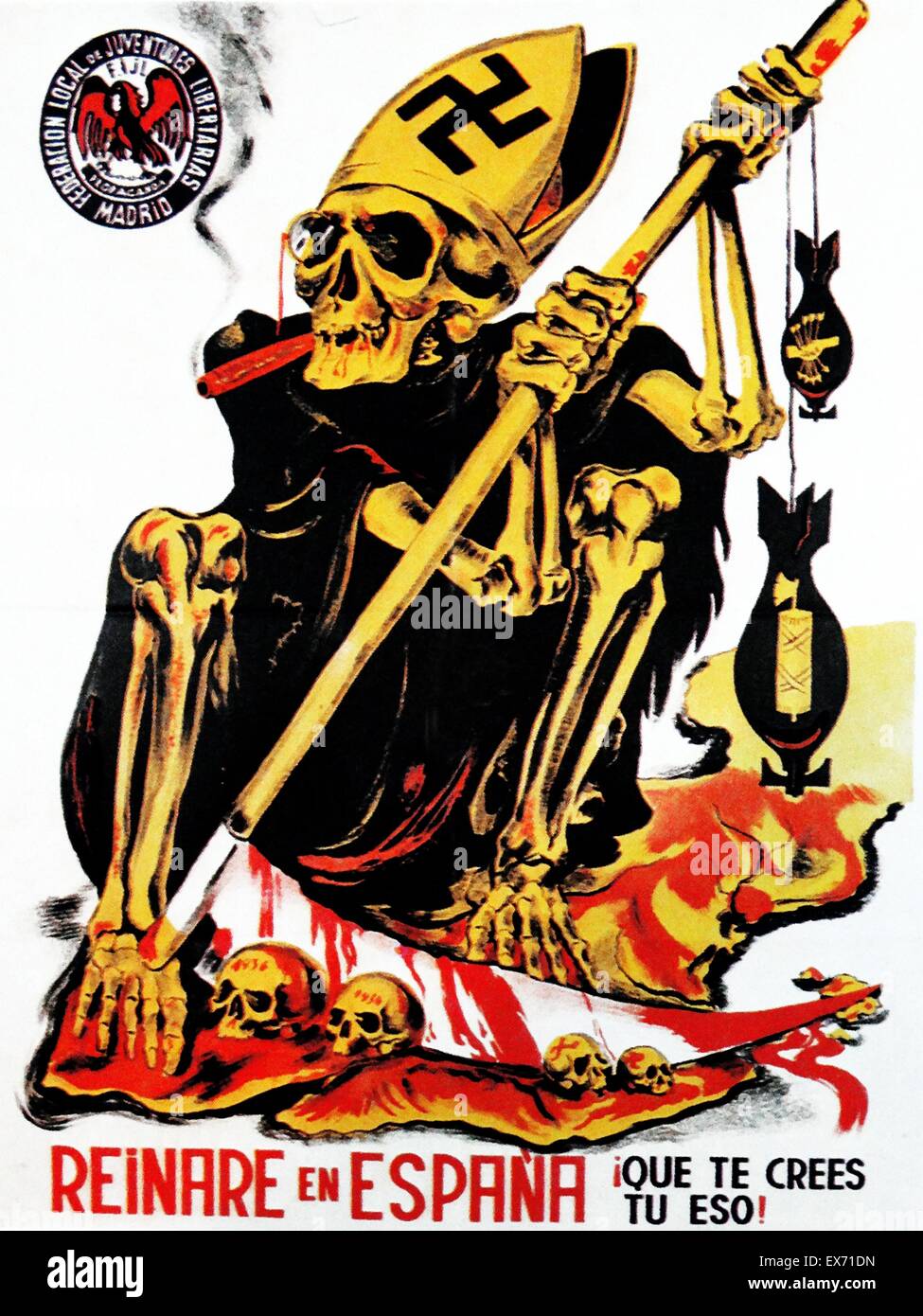 Anti Falangist poster di propaganda in Spagna durante la Guerra Civile Spagnola. Il cristianesimo (rappresentata dal vescovo di mitre) con il nazismo (rappresentato dalla swastika) e il fascismo (rappresentato dalla fasces-bomba, e con il sangue versato e la morte. Foto Stock