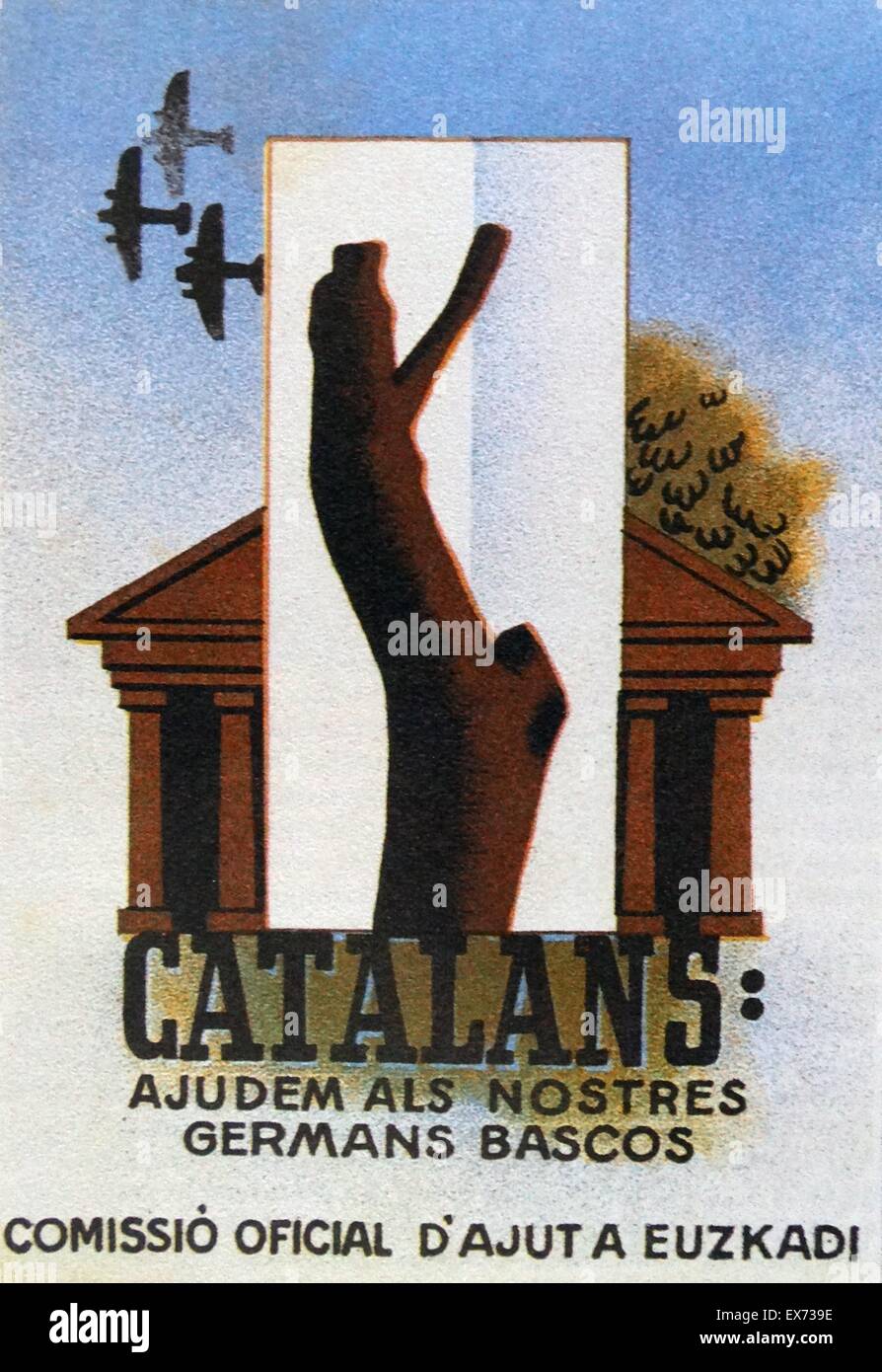 Guerra civile spagnola basco poster di propaganda 1937. "Catalani; ajudem als nostres tedeschi bascos' (catalani; cerchiamo di aiutare i nostri fratelli basco) Foto Stock