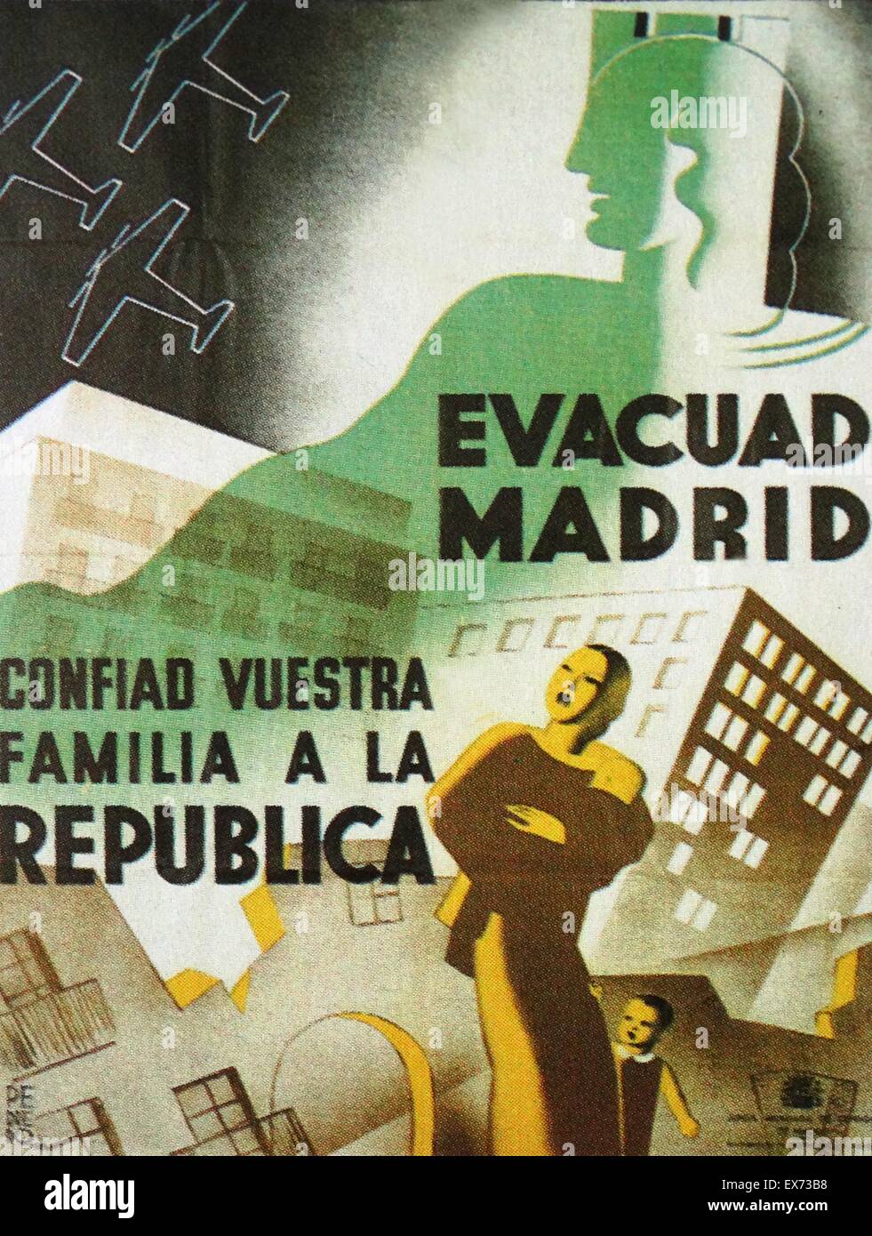 Poster di propaganda rilasciato dal Comitato Esecutivo della difesa di Madrid. "Evacuare Madrid. Fiducia alla tua famiglia della Repubblica". Questo poster si riferisce a uno dei momenti chiave per l'evoluzione il repubblicano Guerra Civile Spagnola: la evacuazione di Madrid e il trasferimento o Foto Stock