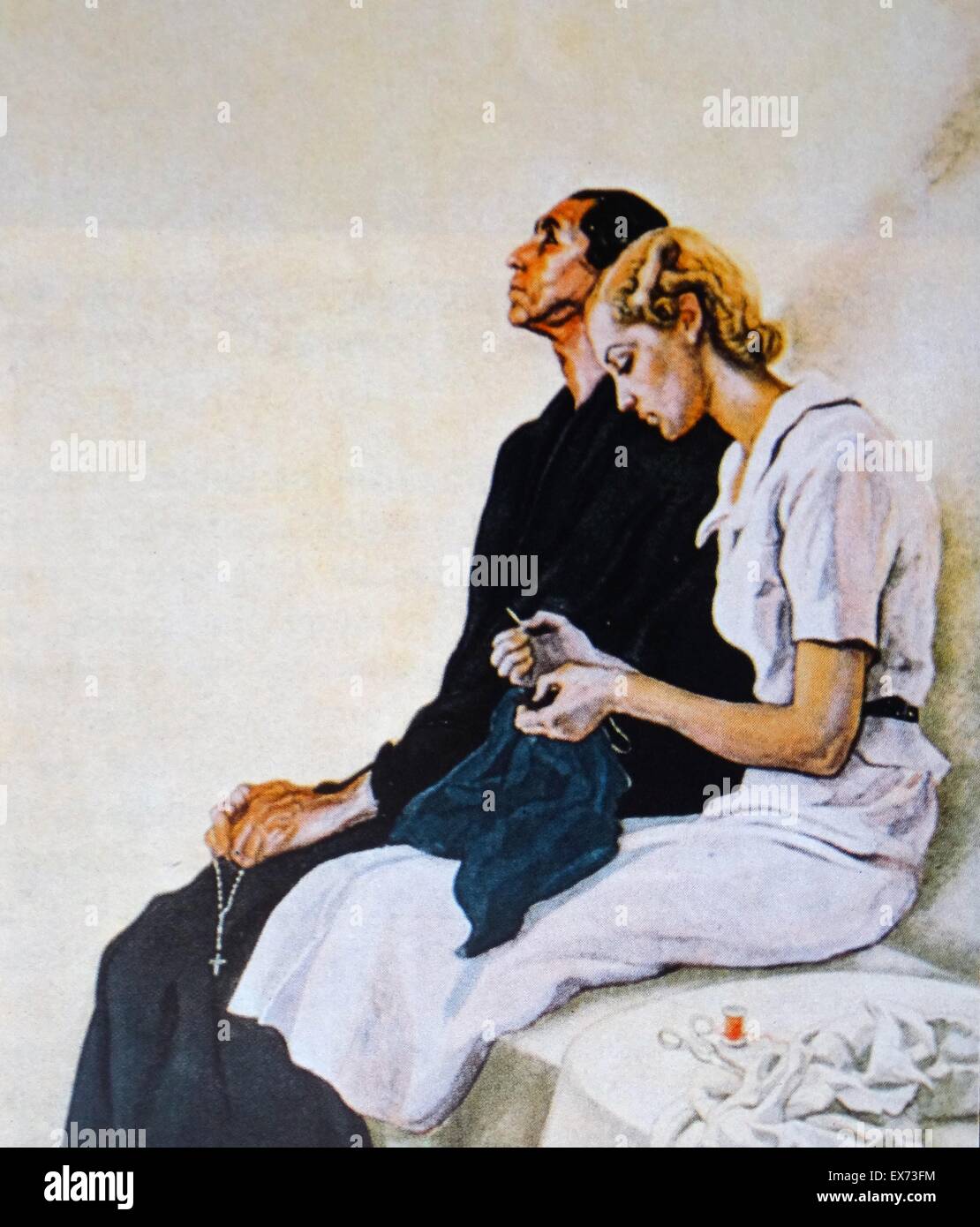 Illustrazione di Saenz de Tejada, mostrando una madre e una moglie aspettando con ansia notizie dei loro uomini folk, durante la Guerra Civile Spagnola Foto Stock