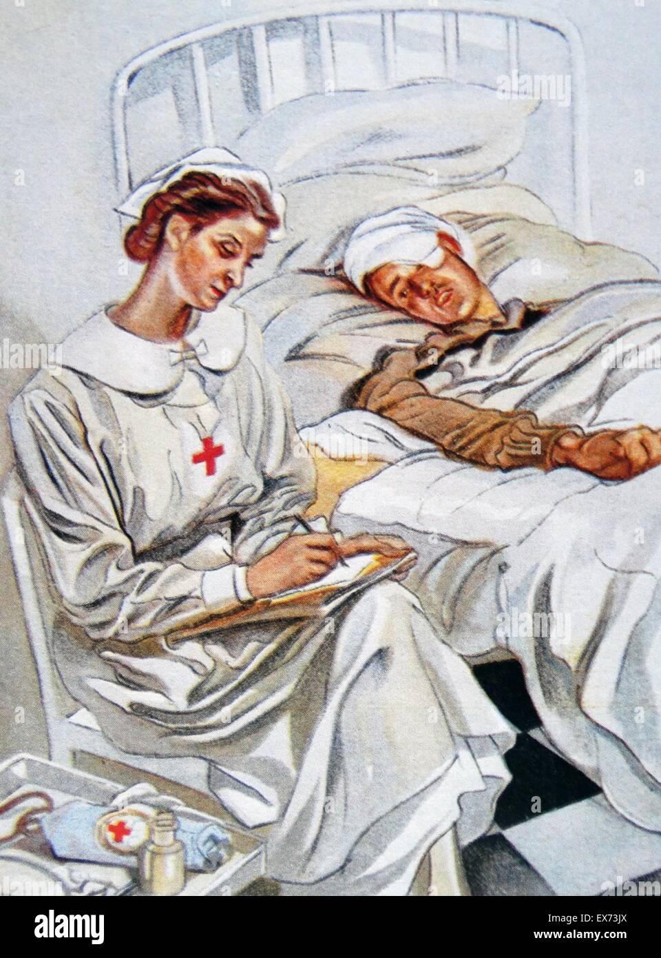 Illustrazione di Carlos Saenz de Tejeda, nazionalisti di un soldato ferito con un infermiere, durante la Guerra Civile Spagnola Foto Stock