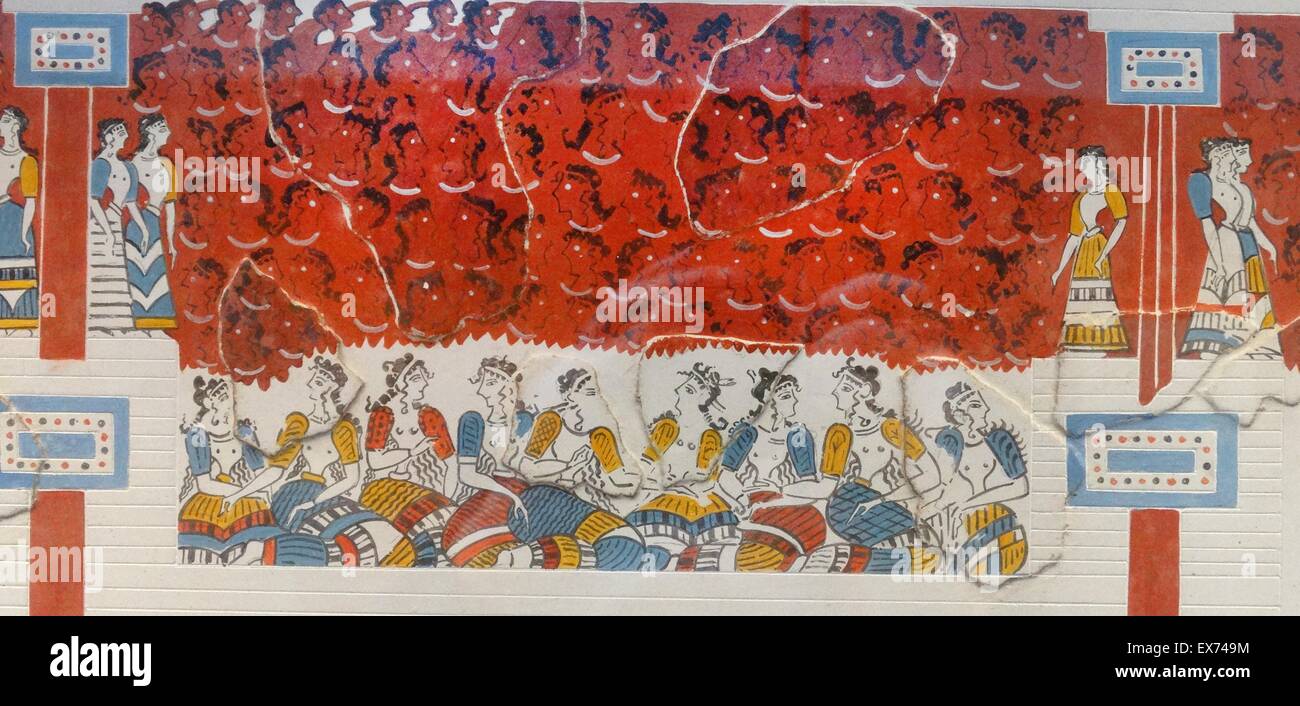 Copia di un Minoan pittura murale. L'originale, probabilmente dal vicino all'angolo nord-ovest della corte centrale a Knossos, Grecia. Cnosso è la maggiore età del Bronzo sito archeologico in Creta ed è considerato l'Europa più antichi della città. Il palazzo è stato abando Foto Stock