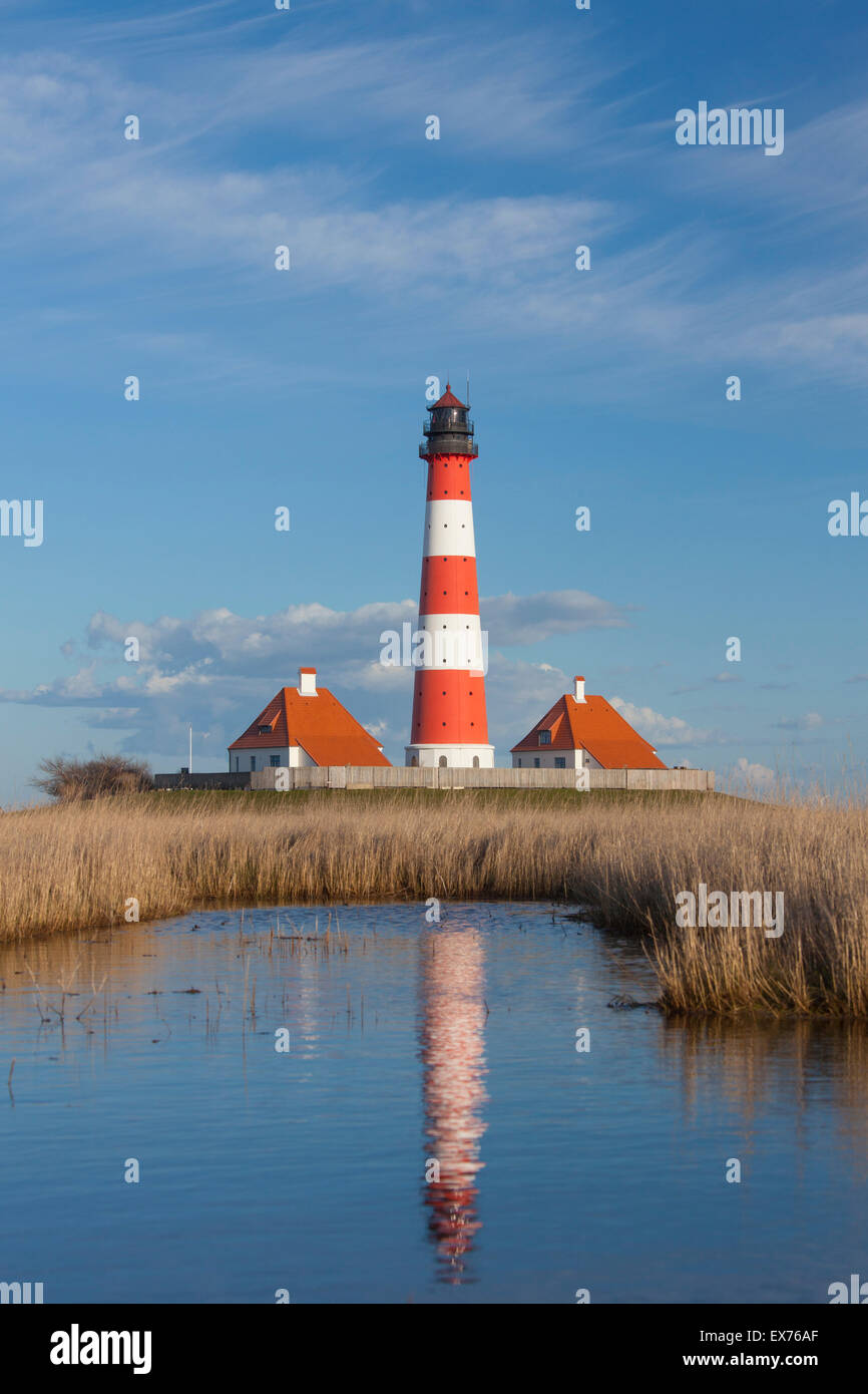 Faro Westerheversand a Westerhever, il Wadden Sea National Park, Nord Frisia, Schleswig-Holstein, Germania Foto Stock