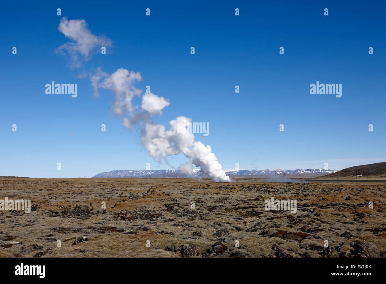 Valvola di sfiato del vapore su campi di lava a energia geotermica Hellisheidi la produzione combinata di calore e di power station hengill Islanda Foto Stock