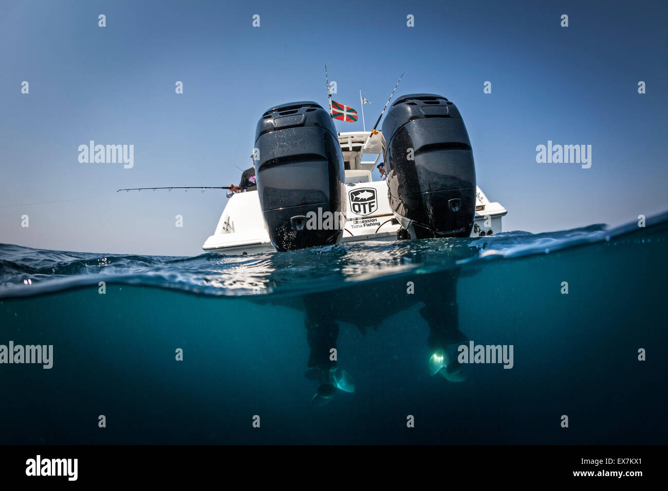 Un Boston Whaler 320 oltraggio speedboat con i suoi 300 cavalli fuoribordo motori di mercurio. Foto Stock