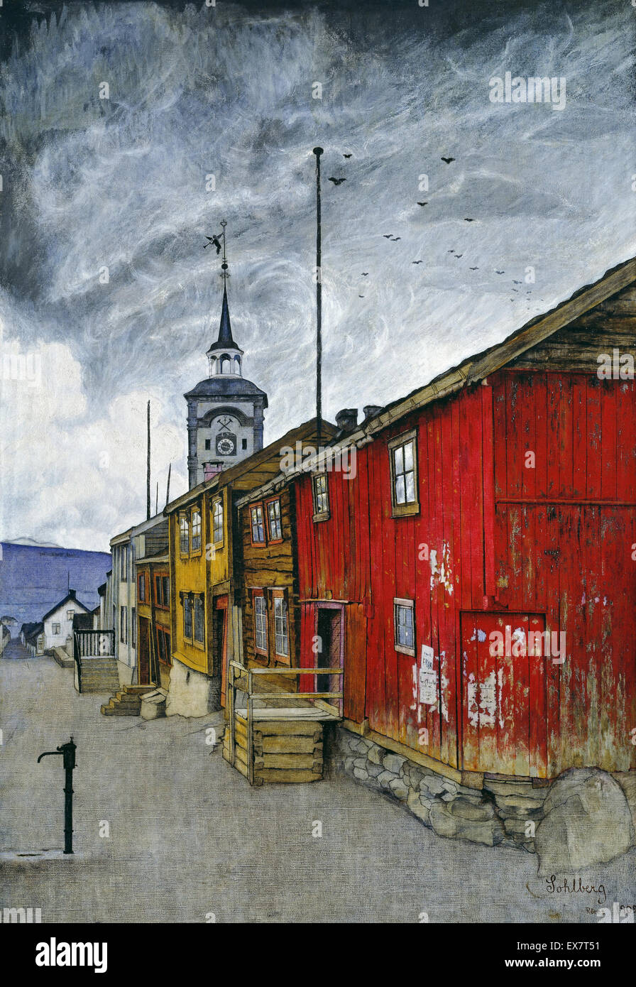 Harald Sohlberg, Street in Roros 1902 olio su tela. Museo Nazionale di Arte, Architettura e Design di Oslo, Norvegia. Foto Stock