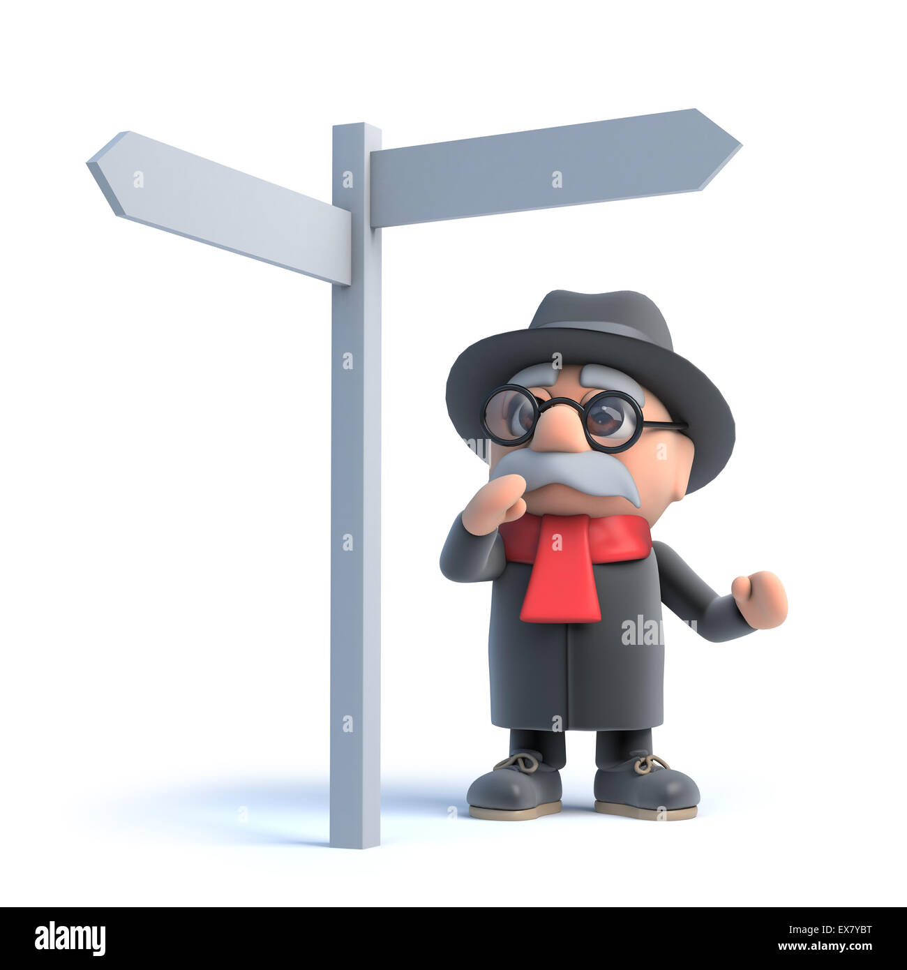 3D render di un vecchio uomo che guarda un cartello stradale. Foto Stock