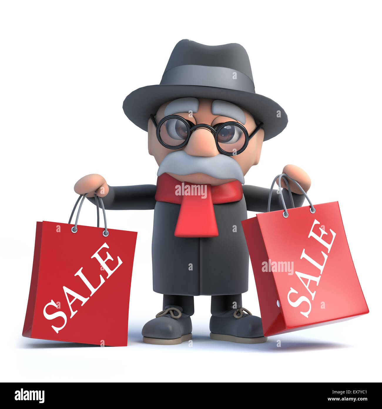 3D rendering di un uomo vecchio con un po' di shopping bags contrassegnati in vendita. Foto Stock