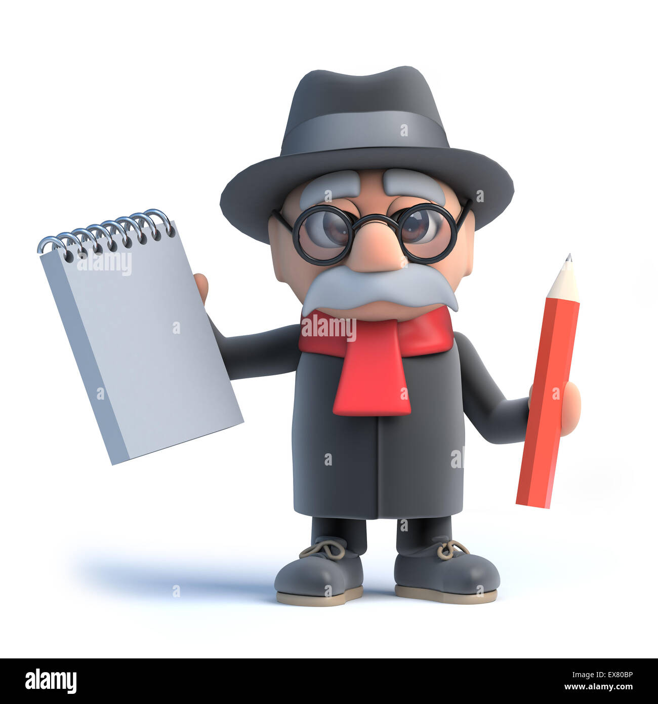 3D render di un vecchio uomo in possesso di un notebook e matita Foto Stock