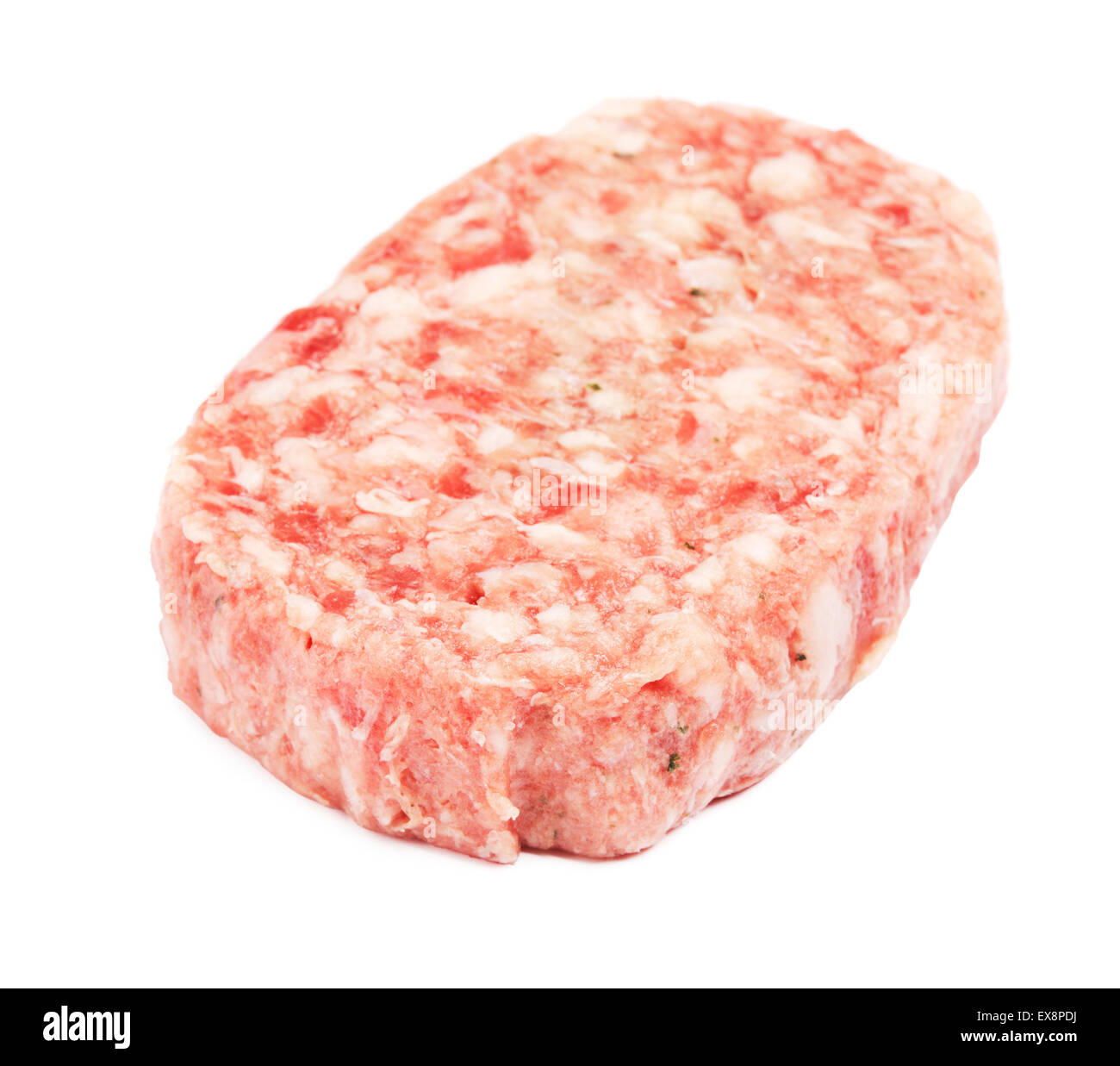 Carne di maiale cruda patty, isolato su sfondo bianco Foto Stock