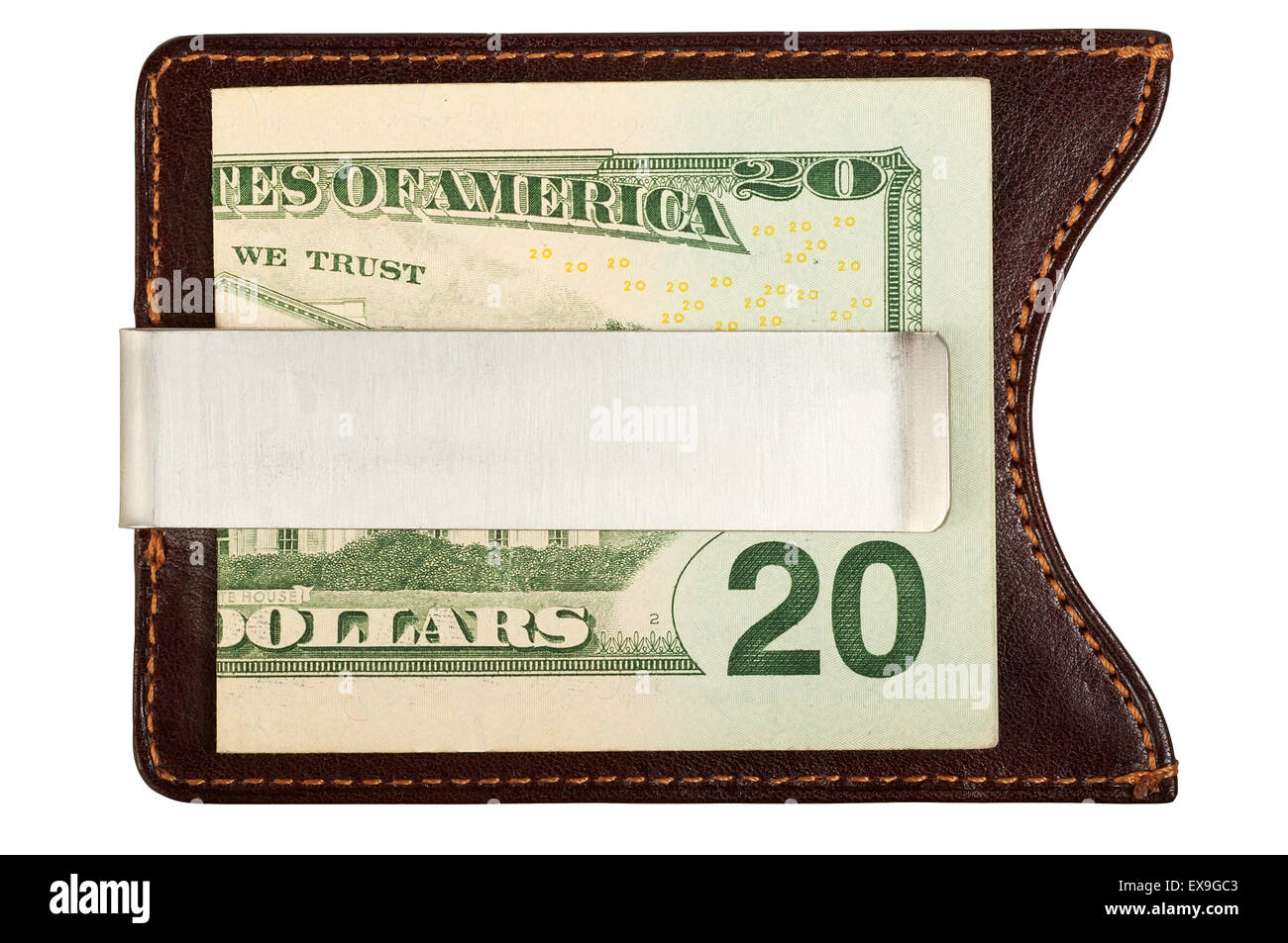 Di dollari in pelle marrone con clip di denaro. Isolato su sfondo bianco, salvati con percorso di clipping. Foto Stock