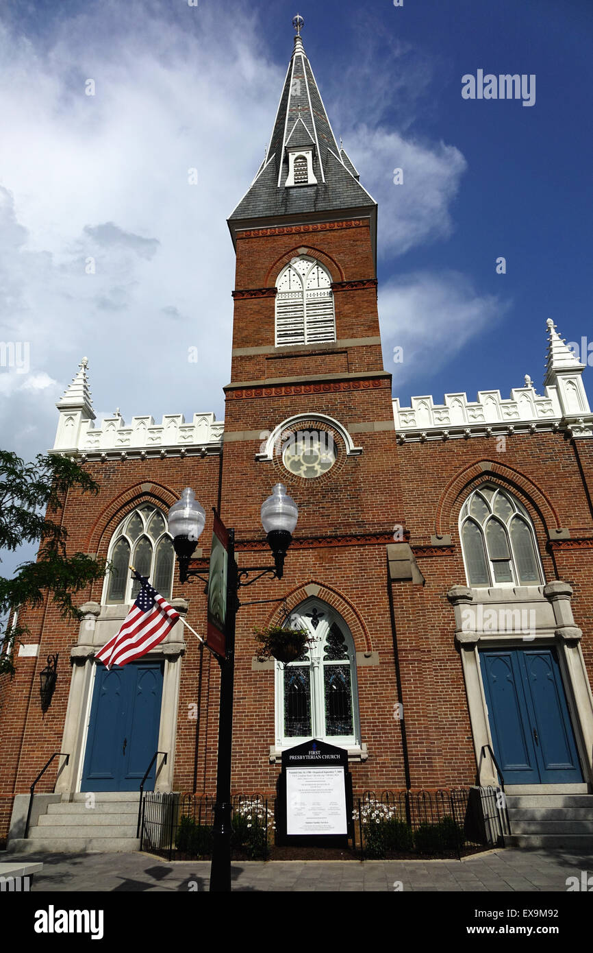 La prima chiesa presbiteriana fondata nel Luglio 16, 1788. È situato sulla città vecchia pedonale, Winchester Virginia Foto Stock