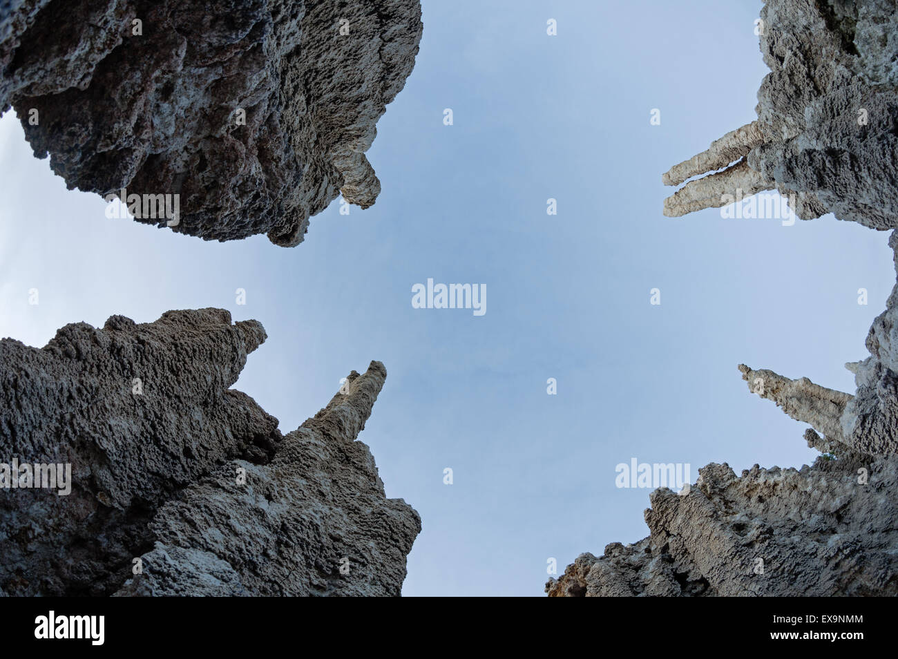 Guardando verso l'alto tra il Lago Mono torri di tufo con prospettiva interessante Foto Stock