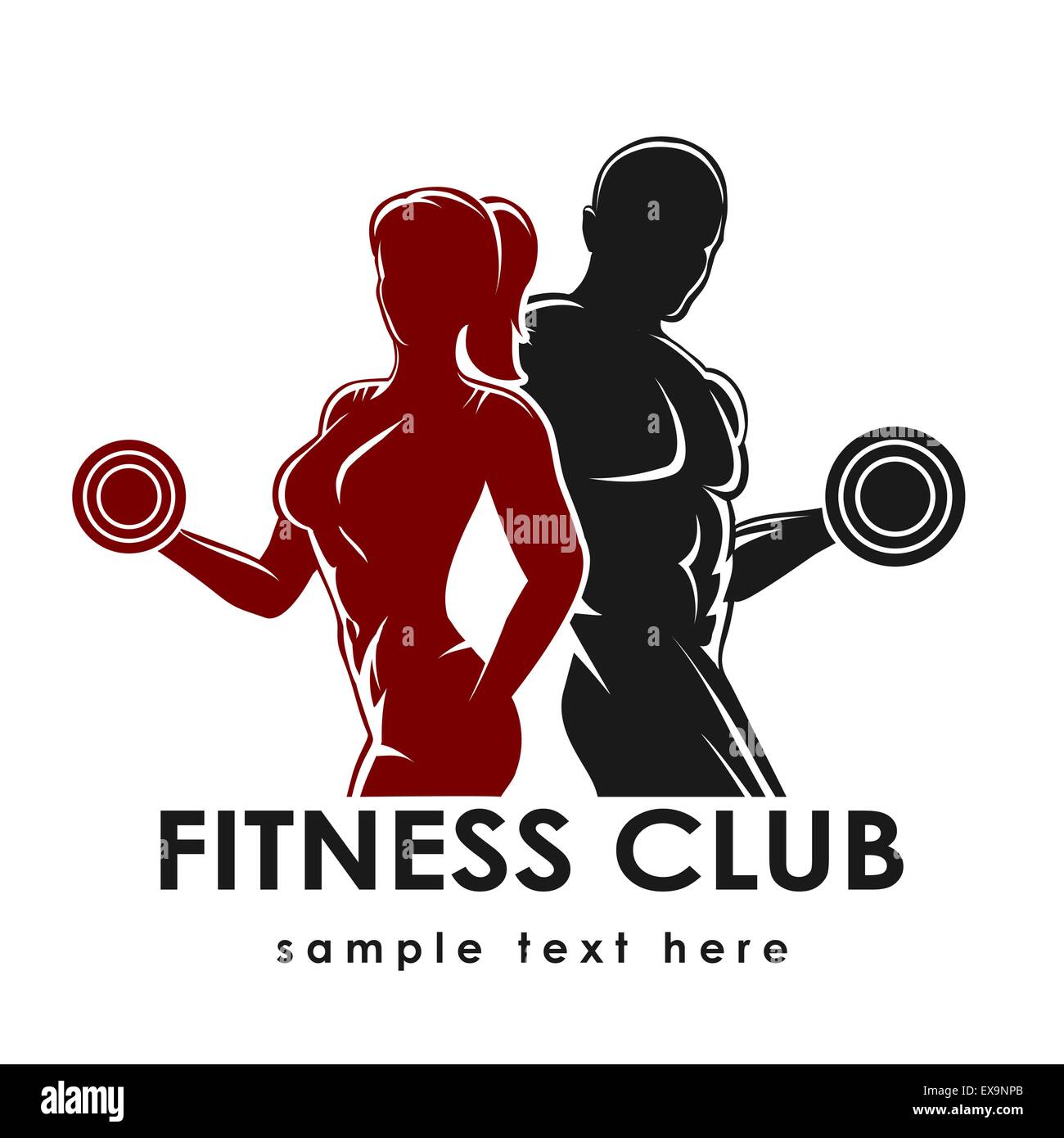 Fitness club logo o emblema con la donna e l uomo silhouette. Donna e uomo detiene manubri. Isolato su sfondo bianco. Libera fo Illustrazione Vettoriale