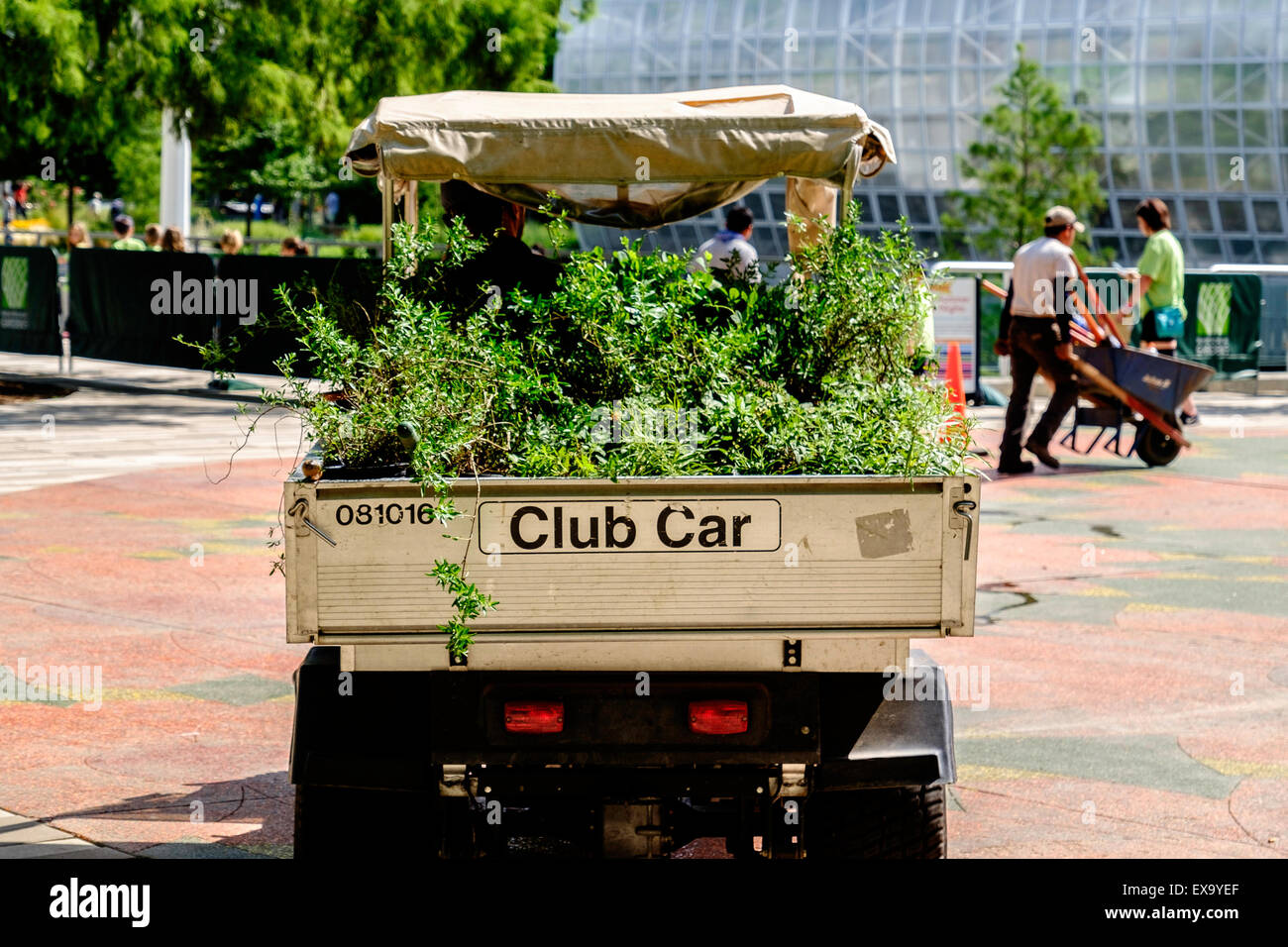 Un piccolo camion chiamato un Club Car riempito con arbusti per la semina in una miriade di Giardini Botanici in Oklahoma City, Stati Uniti d'America Foto Stock