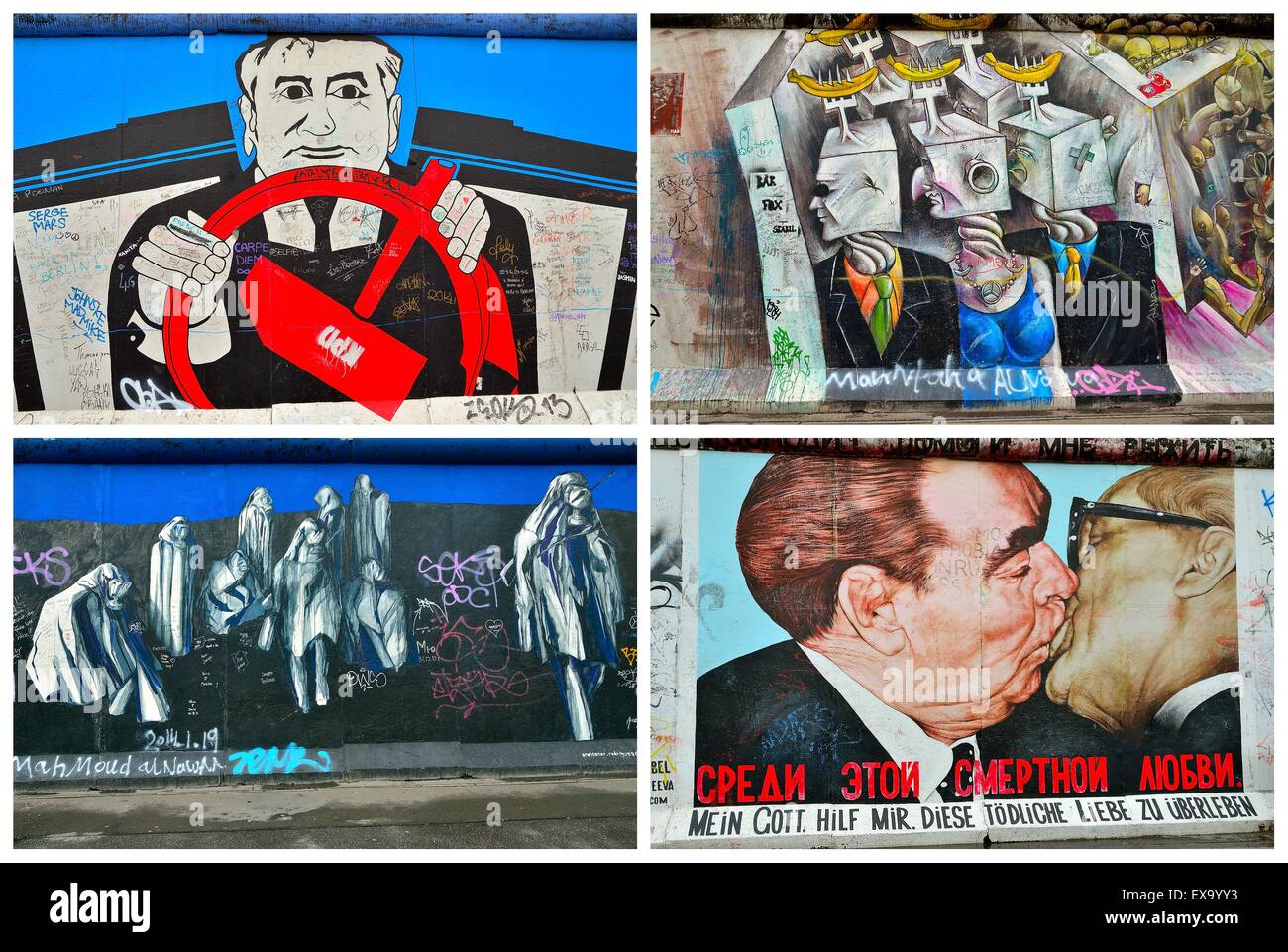 Il muro di Berlino (Berliner Mauer) in Germania in stile collage con la bandiera della Repubblica federale di Germania a sfondo. Foto Stock