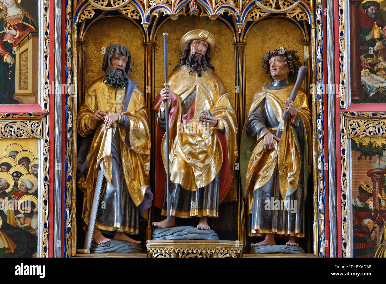 Le figure nel tardo gotico altare alato dal maestro di Rabenden, Chiesa di Rabenden, Altenmarkt an der Alz, Chiemgau Foto Stock