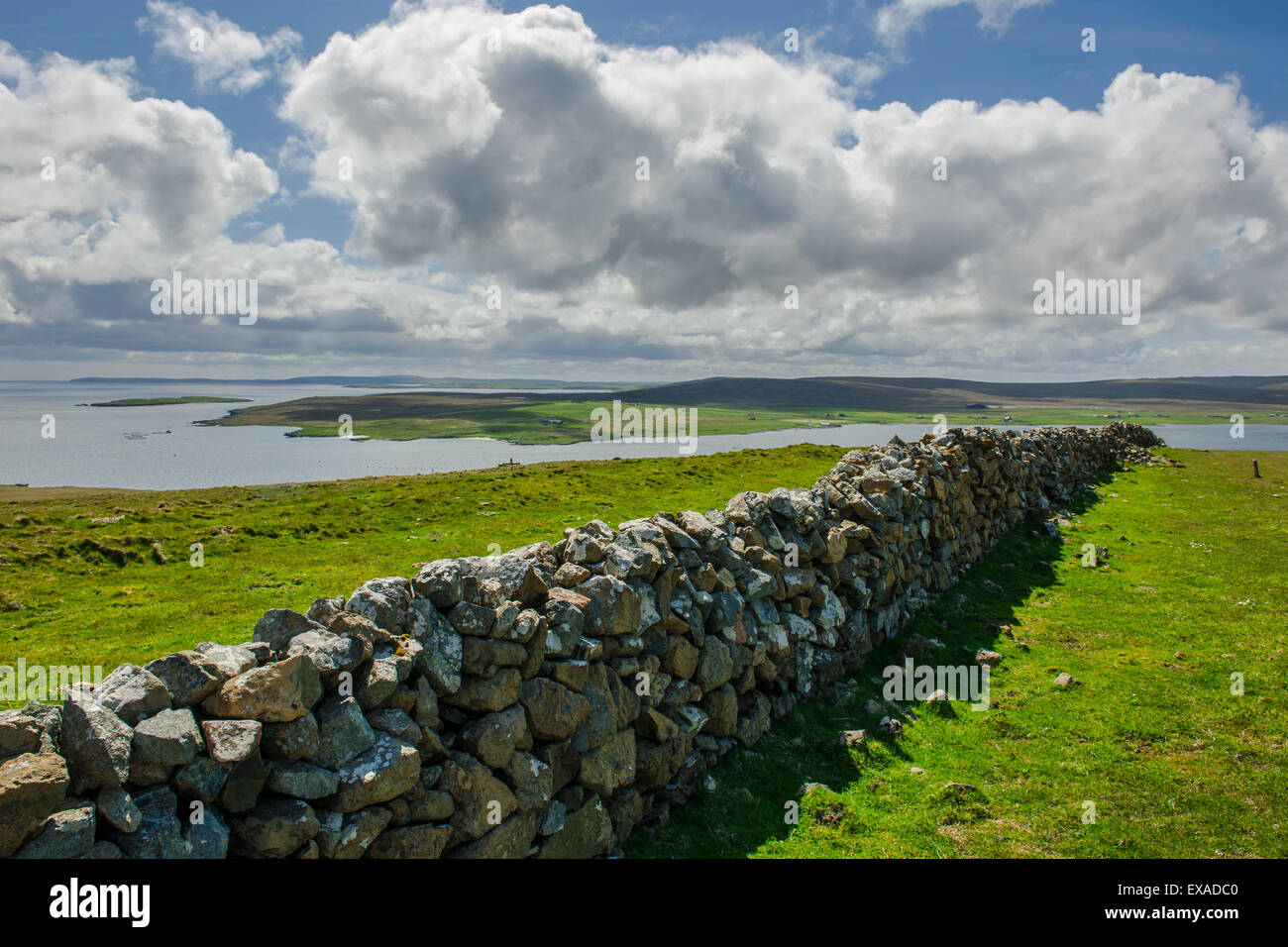 Il vecchio muro di pietra, ex recinzione di campi e pascoli, Unst, isole Shetland, Scotland, Regno Unito Foto Stock