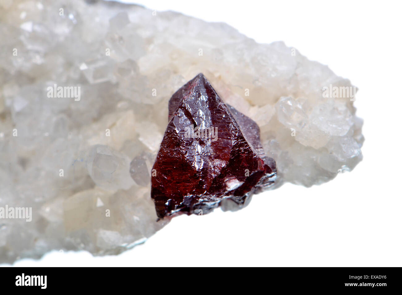 Cristalli di cinabro (solfuro di mercurio) su cluster di quarzo (estratto a Hunan, Cina) Foto Stock