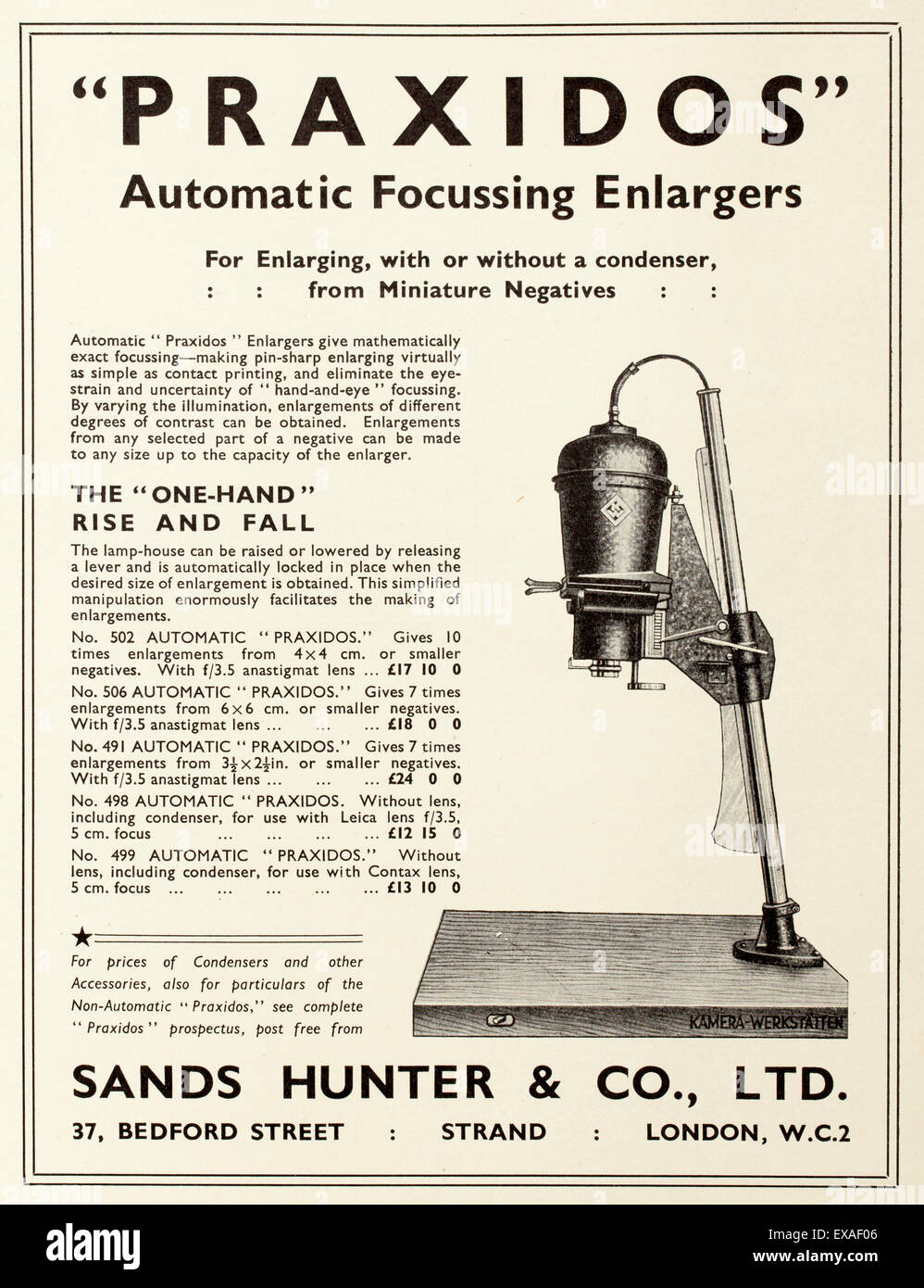 Vecchio spot per Praxidos automatico ingranditori di messa a fuoco da una rivista fotografica Foto Stock
