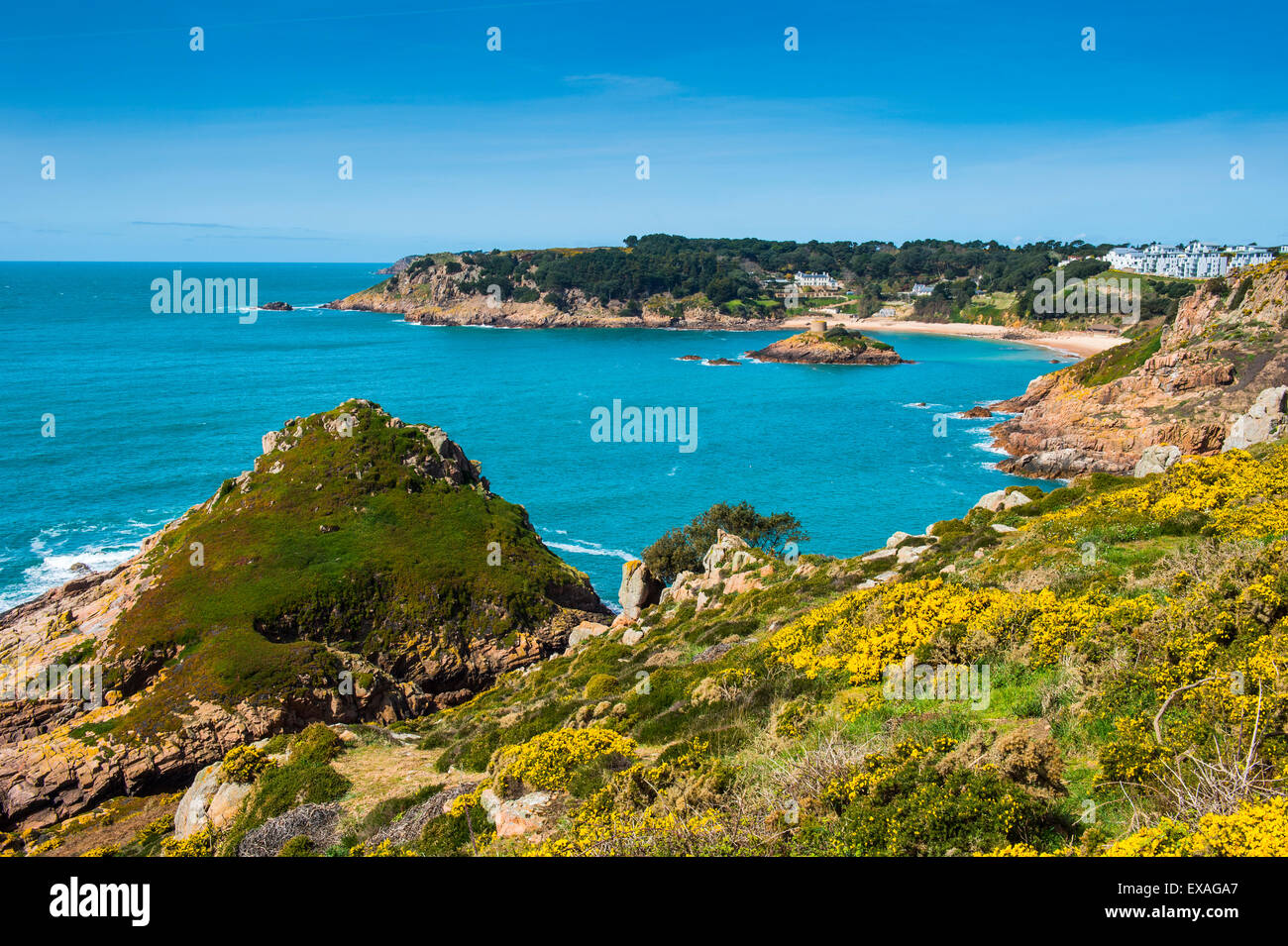 Vista su Portelet Bay, Jersey, Isole del Canale, Regno Unito, Europa Foto Stock