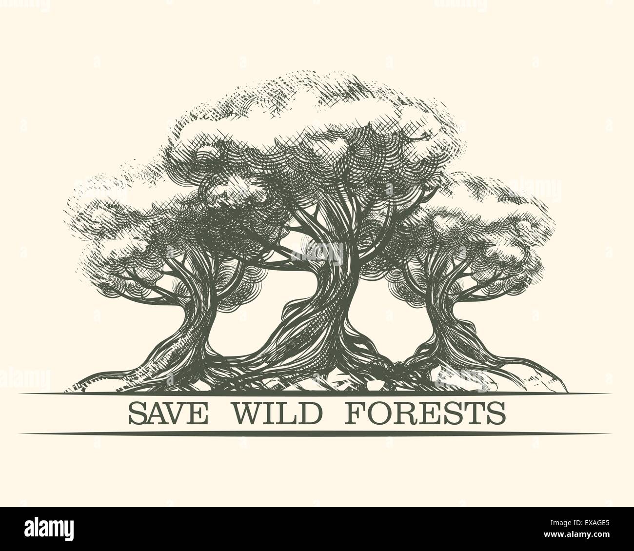 Gli alberi e lettering salvare boschi selvaggi. Ambientali o albero del mondo giorno tema. Stile di incisione. Gratuito solo font utilizzato. Illustrazione Vettoriale