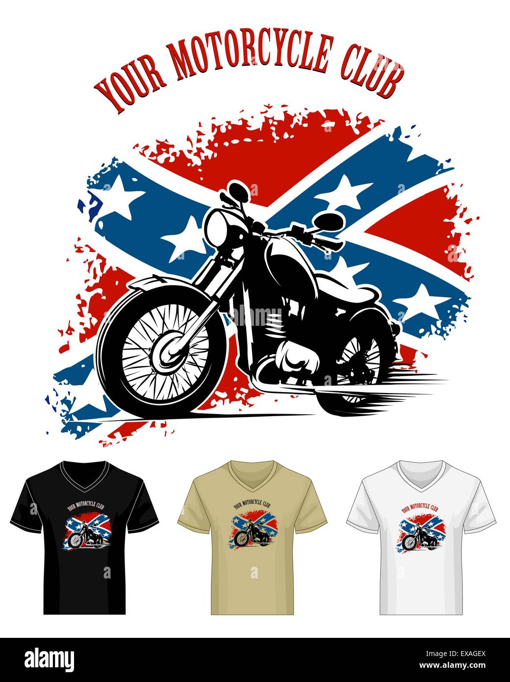 Modello di Bikers Club Stampa emblema disegnato in diverse varianti di colore. Retrò moto contro patriottica bandiera confederati. Ho Illustrazione Vettoriale