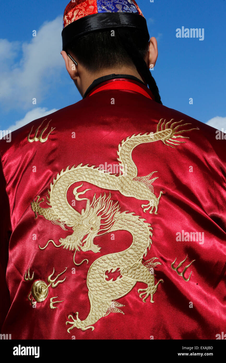 Dettaglio del drago sulla camicia, nuovo anno cinese, Parigi, Francia, Europa Foto Stock