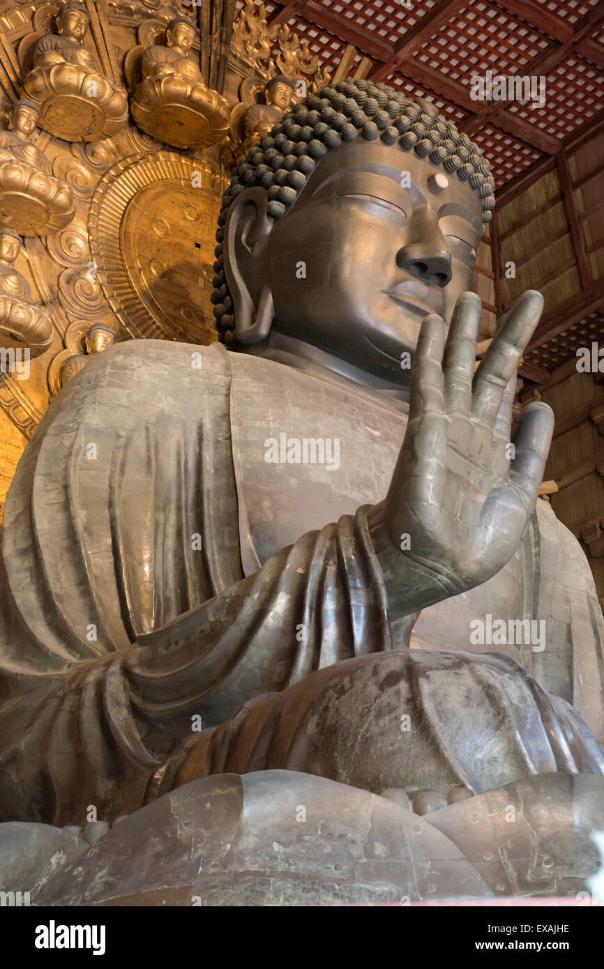 Daibutsu (Grande Buddha) (Vairocana) all'interno del Daibutsu-den Hall del tempio buddista di Tempio di Todai-ji di Nara, UNESCO, Kansai, Giappone Foto Stock