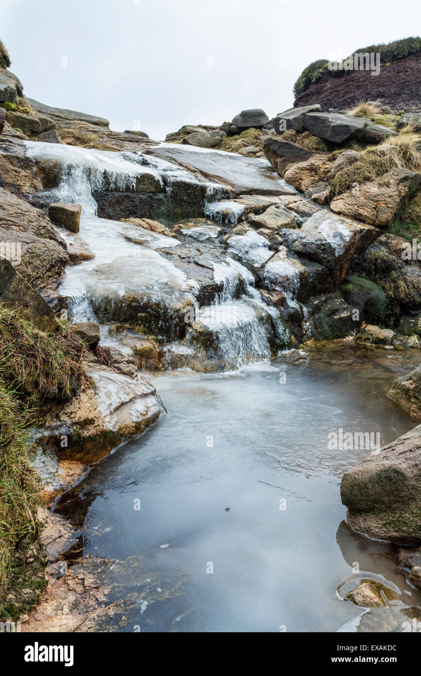 Flusso congelato in inverno. Gritstone rock ricoperto di ghiaccio, Kinder Scout, Derbyshire, Parco Nazionale di Peak District, England, Regno Unito Foto Stock