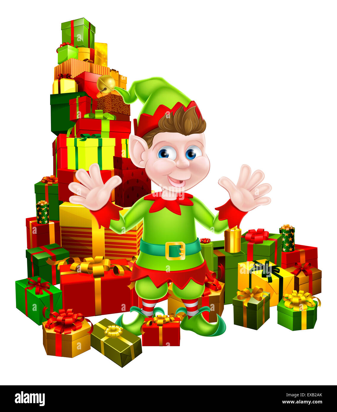 Una illustrazione di un simpatico cartoon felice Natale Elf o uno di Santa s aiutanti di Natale con una pila di regali Foto Stock